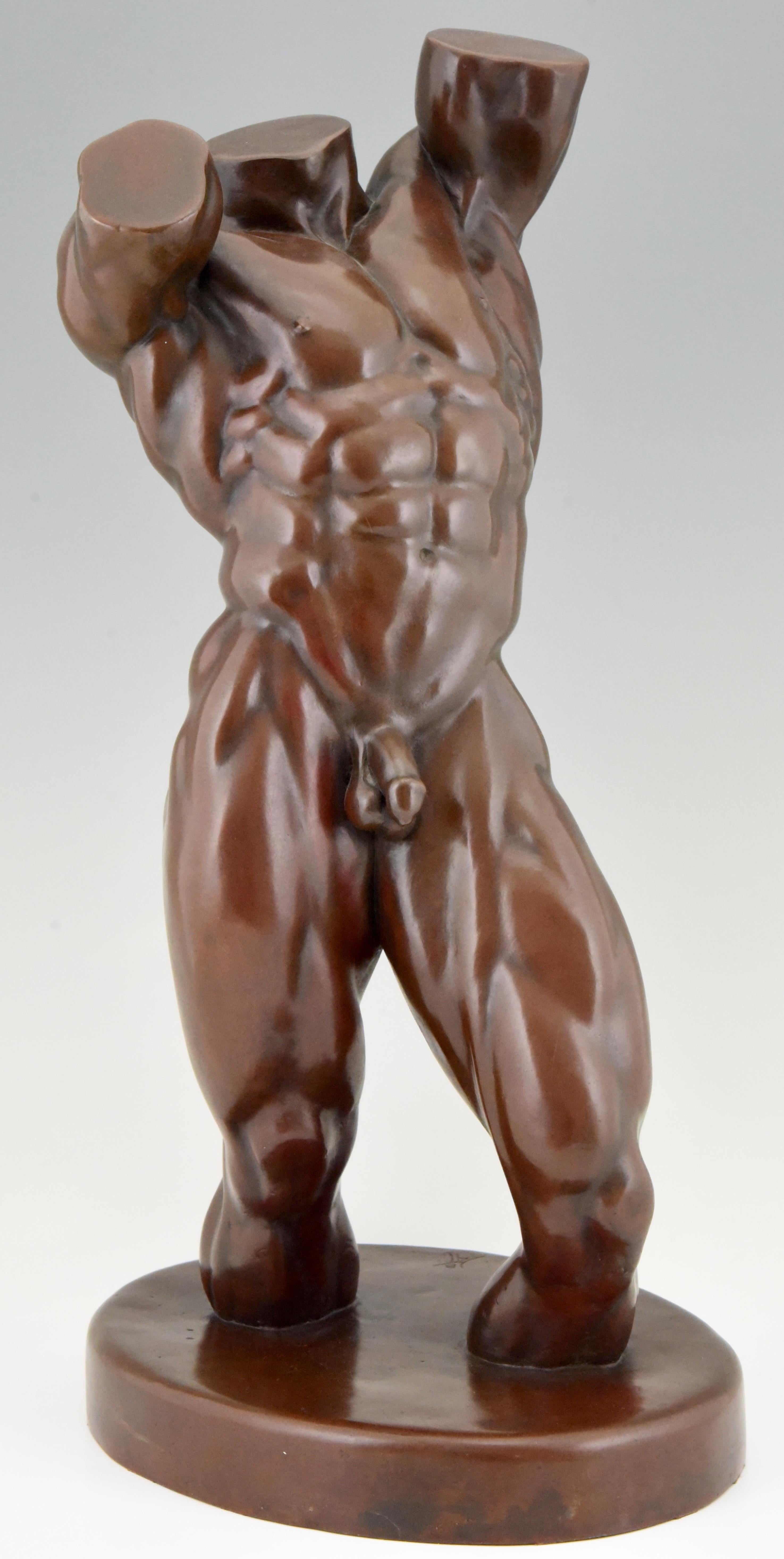 Description: Modern bronze nude sculpture male torso. 
Artist: Bruce A. Kamerling. 
Marks: Monogrammed BKA
Origin: USA 
Date: 1980
Material: Patinated bronze. 
Size: 
H. 66 cm. x L. 34 cm. x W. 27 cm. 
H. 26 inch x L. 13.4 inch x W. 10.6