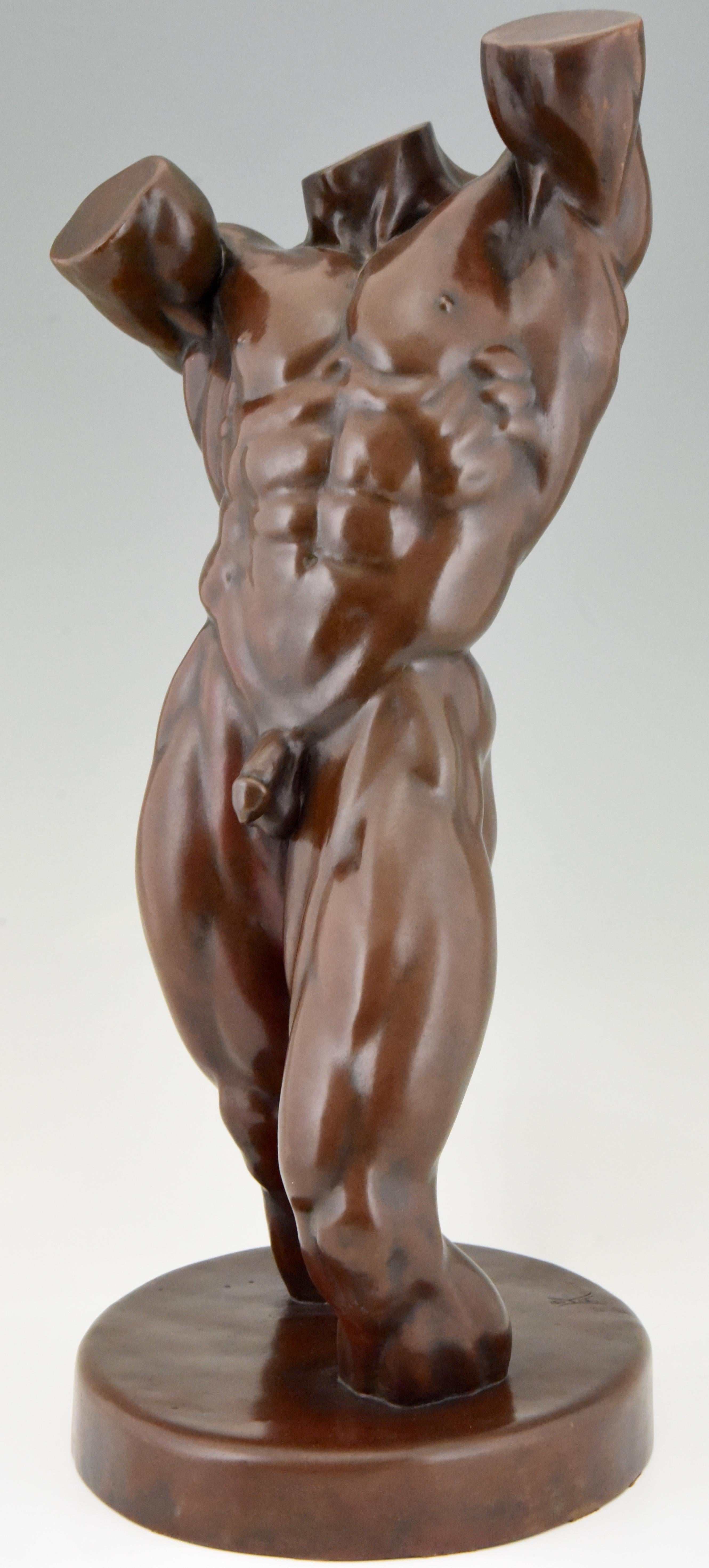 Modern Bronze Nude Sculpture Male Torso Bruce A. Kamerling 1980 H. 26 inch 2