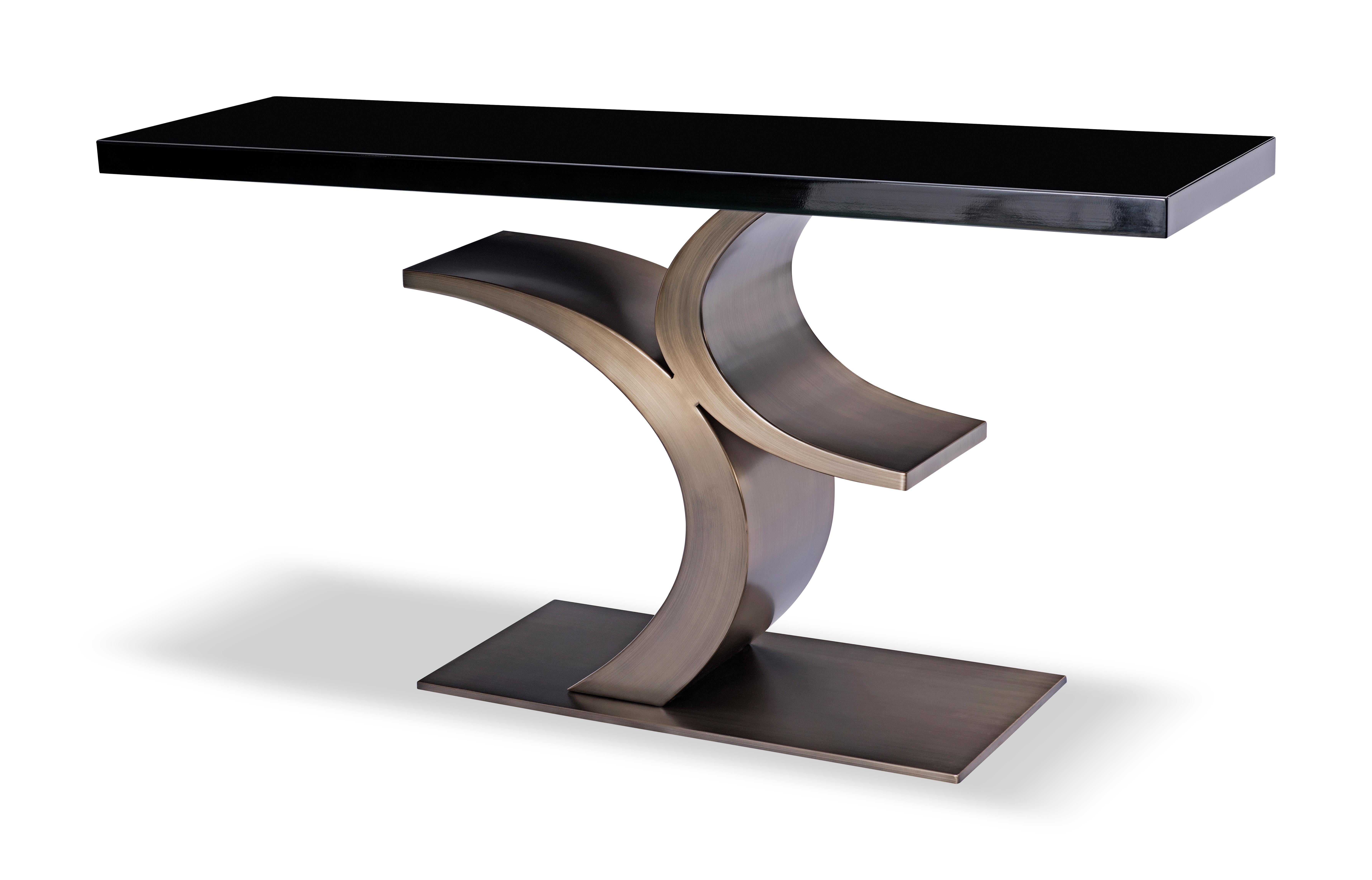 Chinese Modern Bronze sculptural console table by Greg Sheres.  Black lacquer top. For Sale