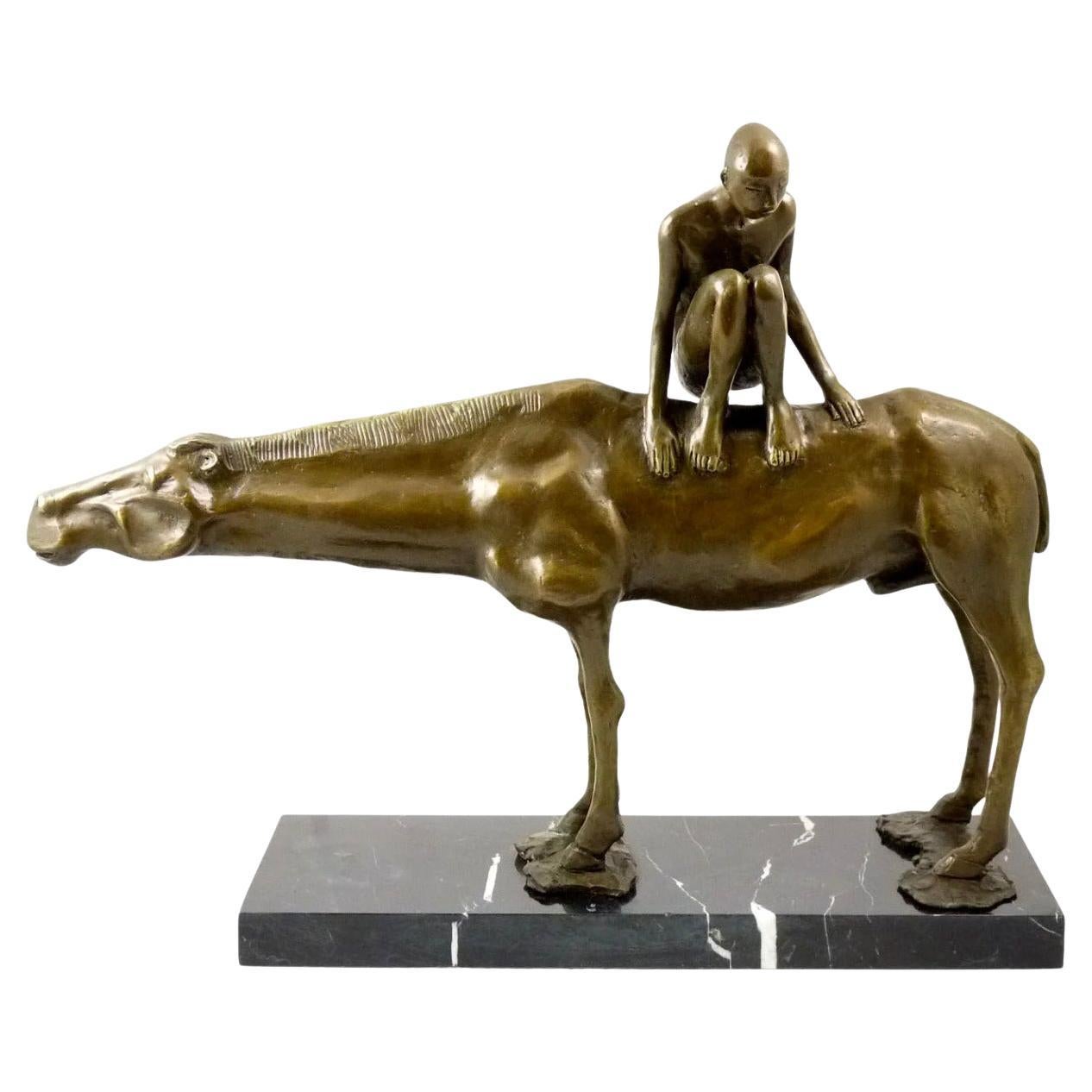 Modern Bronze Sculpture Boy Sitting on Horseback