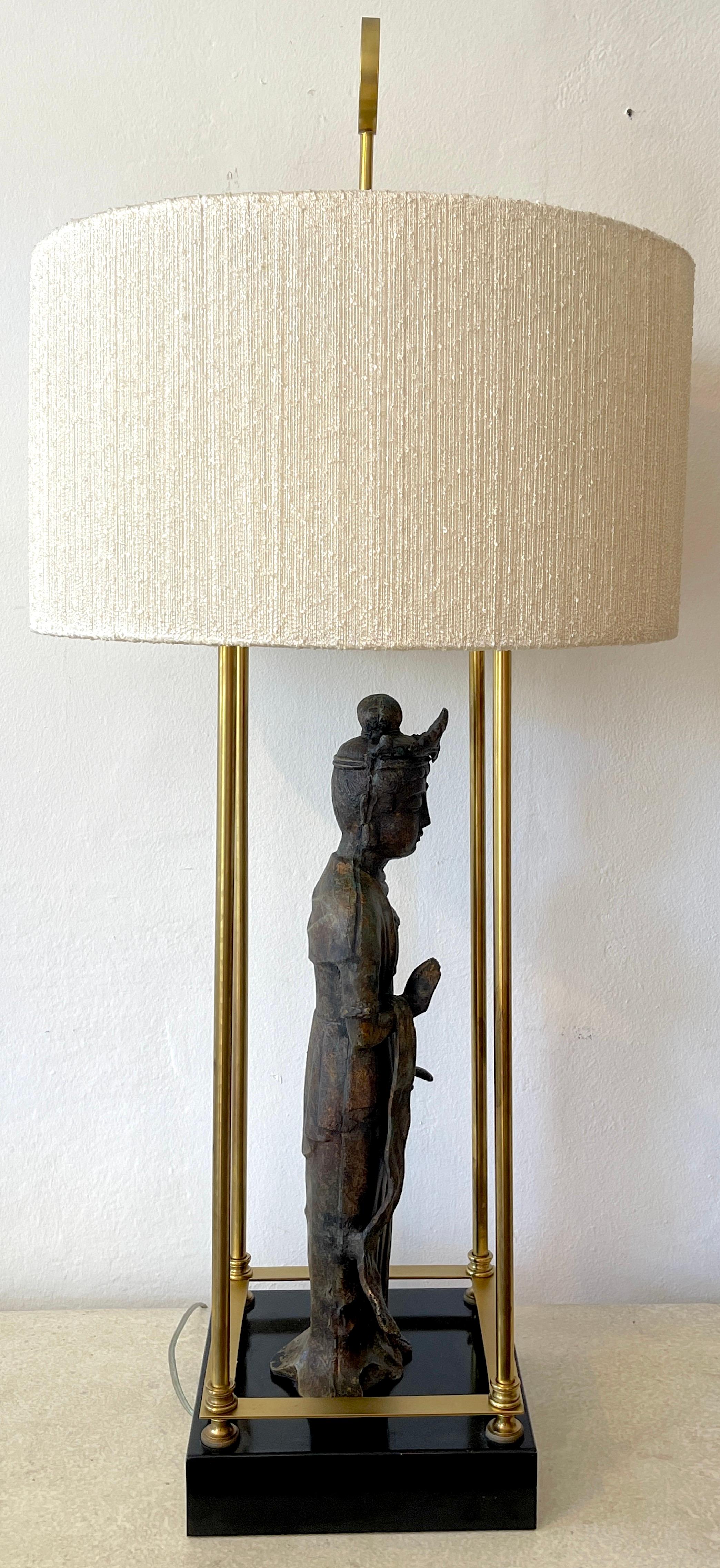 Brass Modern Bronze Standing Figure of Guanyn Lamp, Attributed to Billy Haines