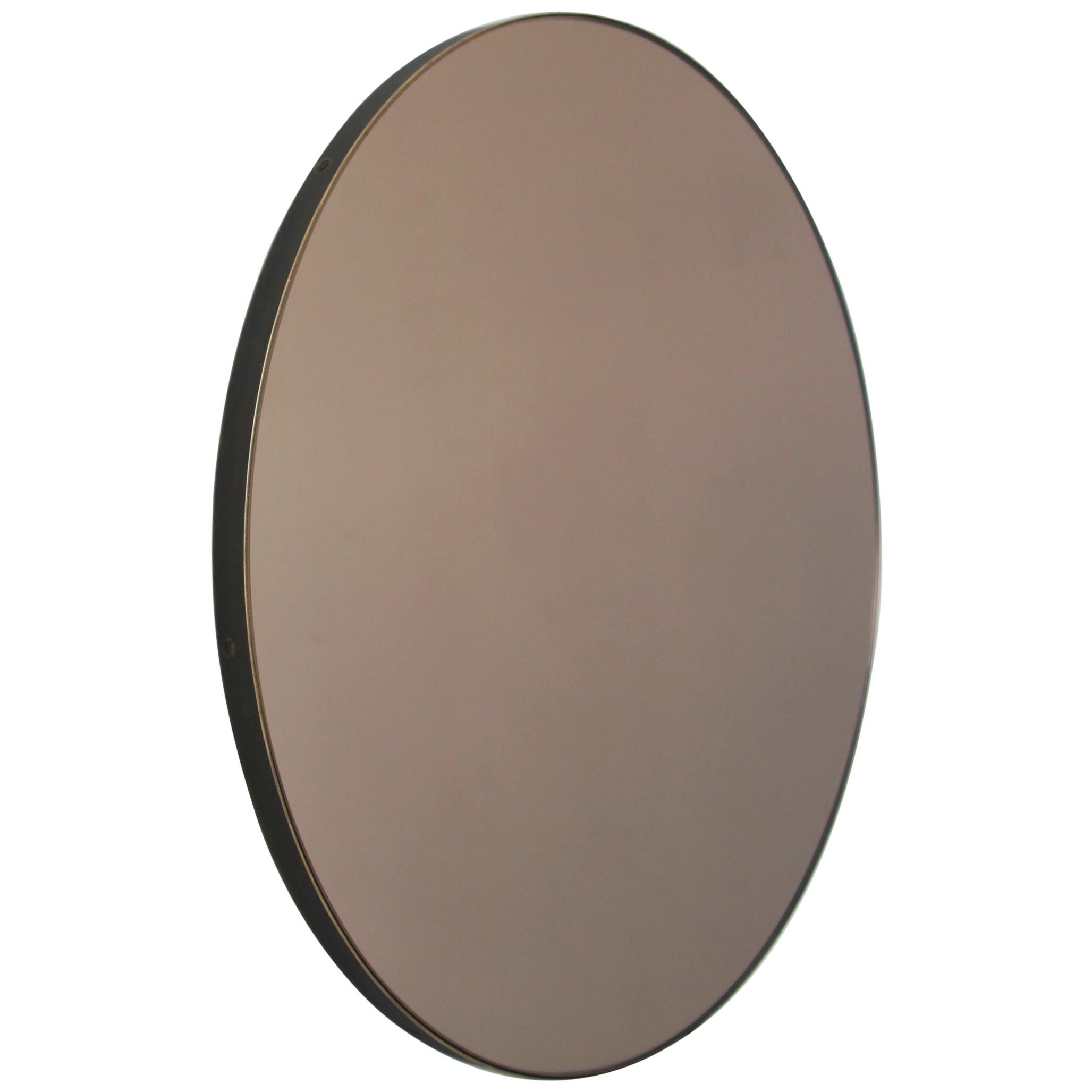 Orbis Bronze Tinted Round Contemporary Mirror with Bronze Patina Frame - Small