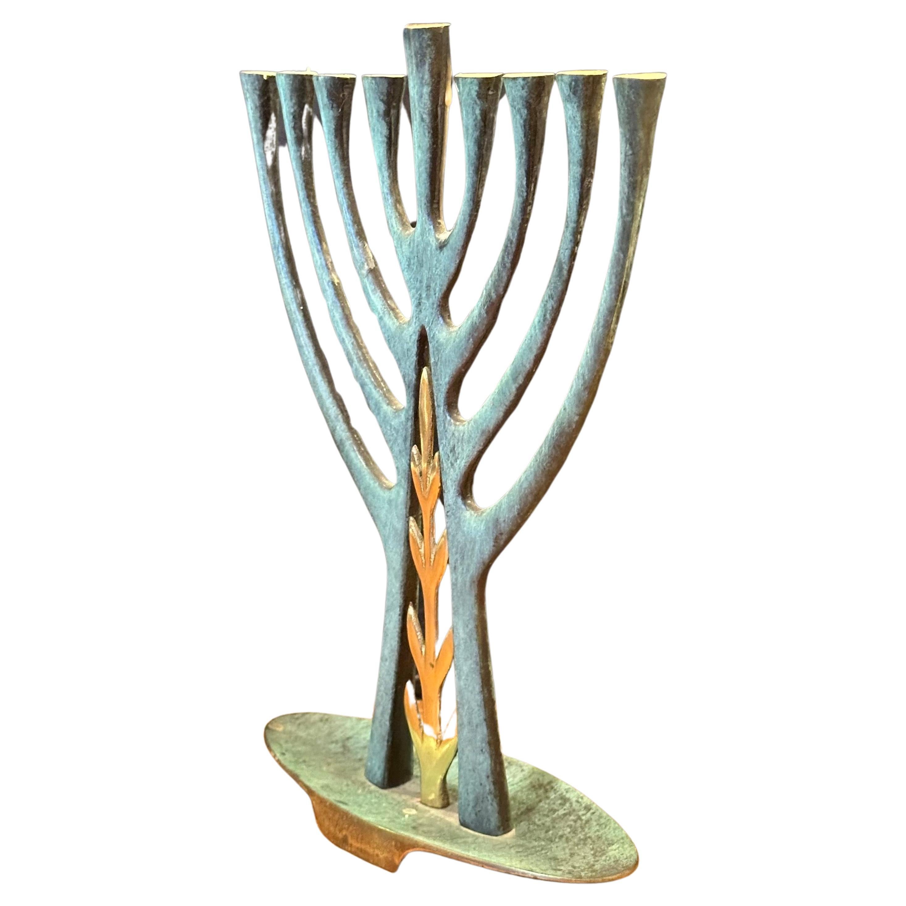 Brutalist Modern Bronze Verdigris Menorah For Sale
