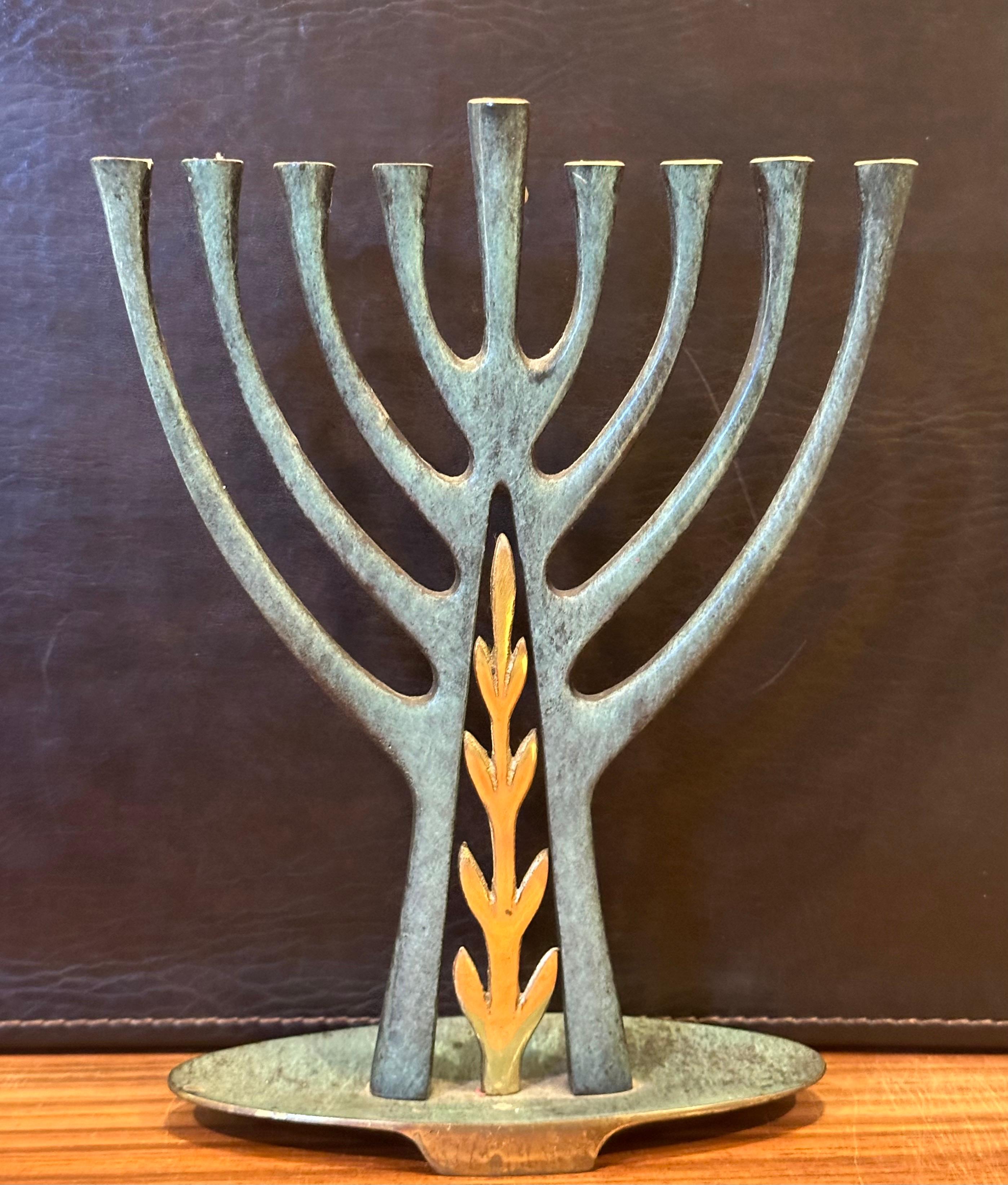 Modern Bronze Verdigris Menorah In Good Condition For Sale In San Diego, CA