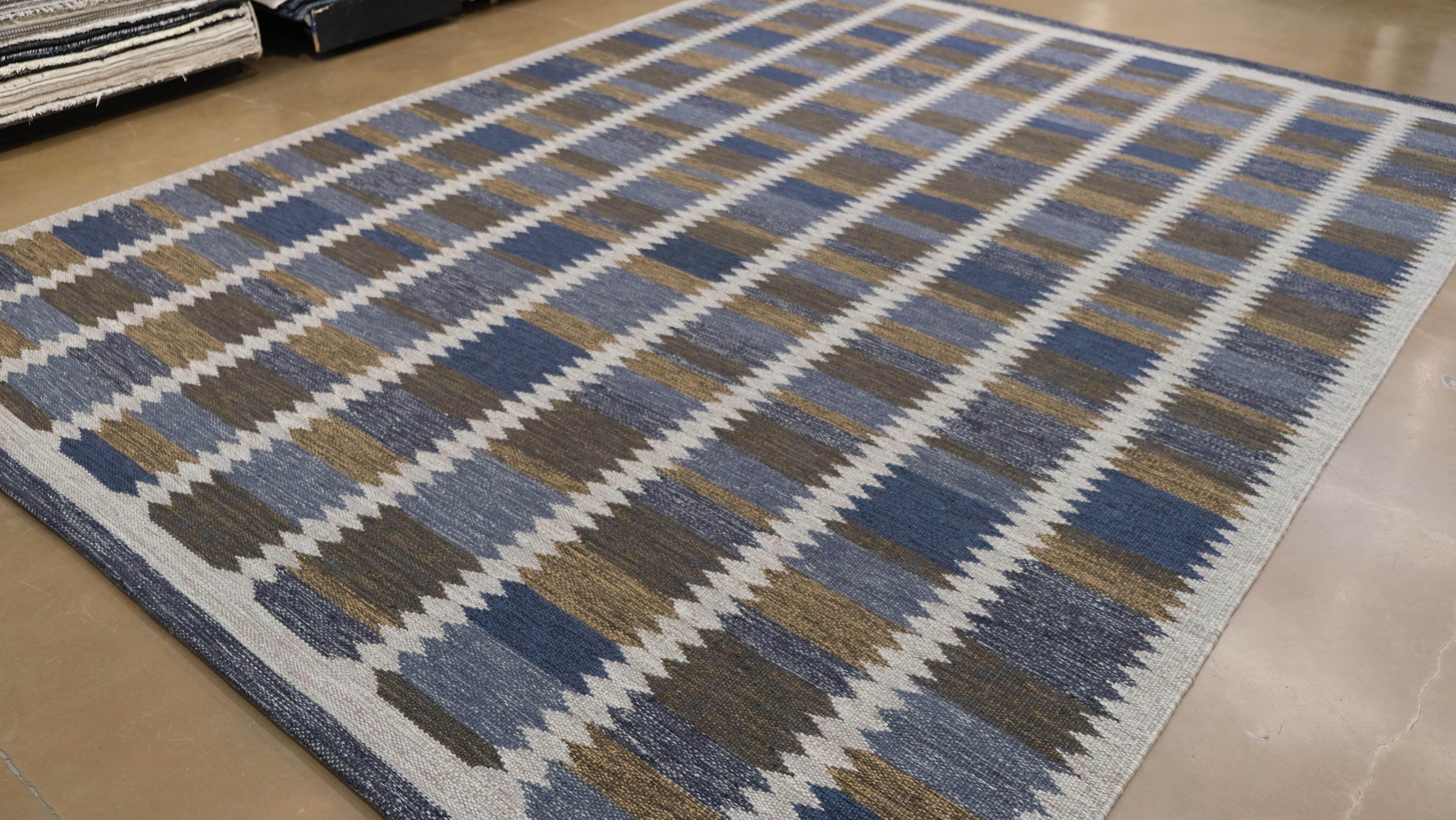 Moderno Tappeto a tessitura piatta Modern Brow Blue Block Geometric 9'x11'8'' in vendita