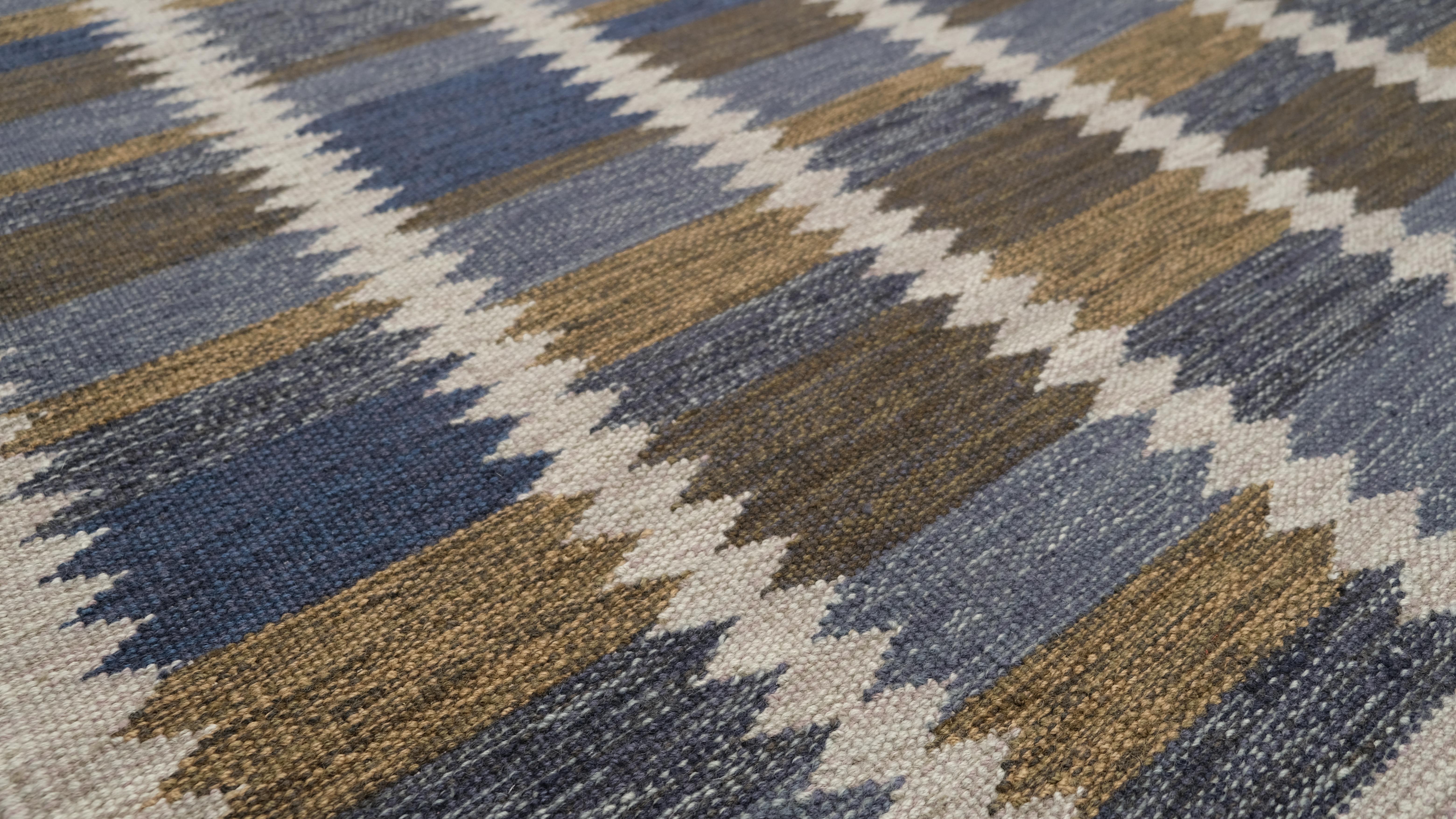 Asiatico Tappeto a tessitura piatta Modern Brow Blue Block Geometric 9'x11'8'' in vendita
