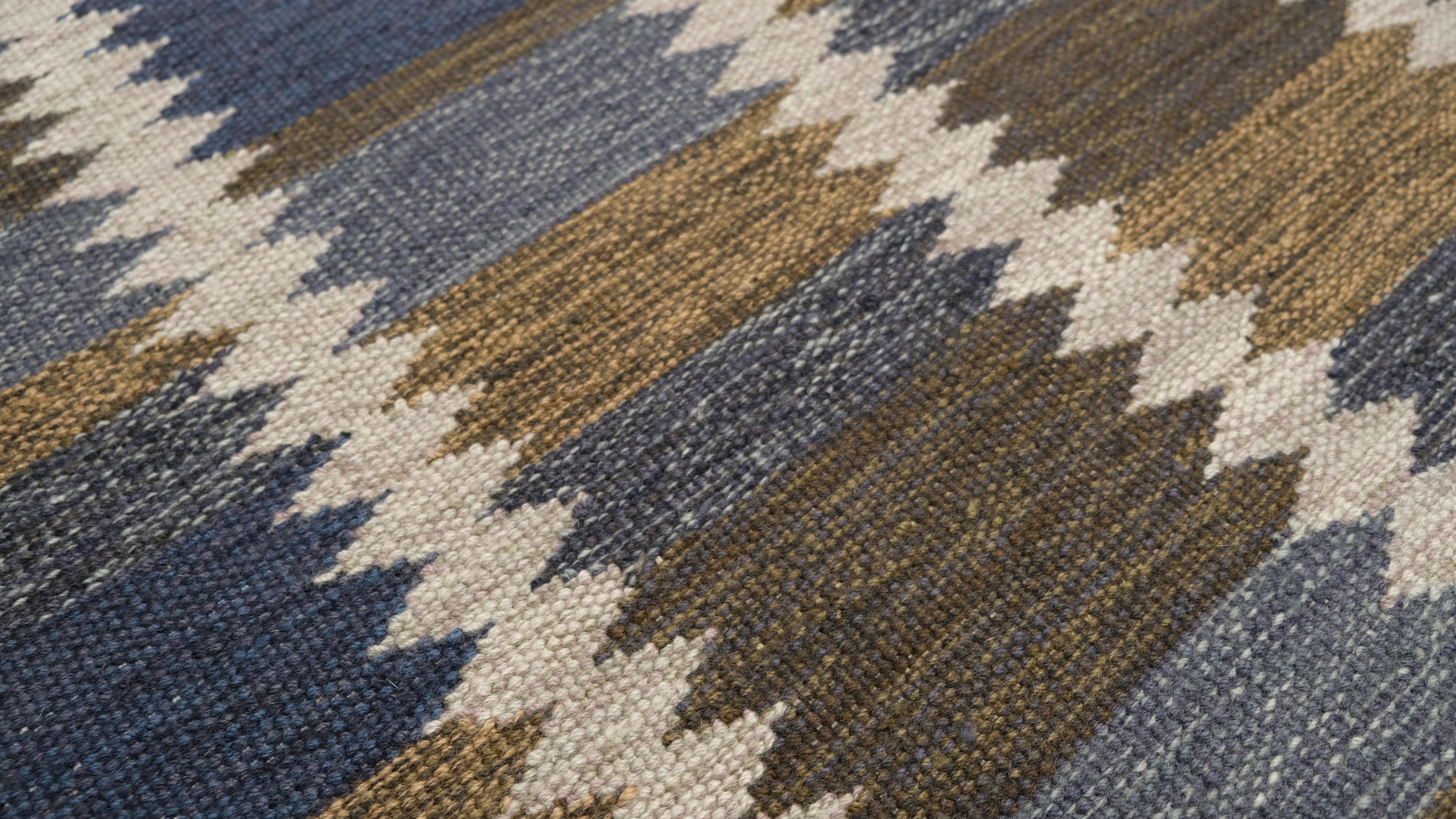 Annodato a mano Tappeto a tessitura piatta Modern Brow Blue Block Geometric 9'x11'8'' in vendita