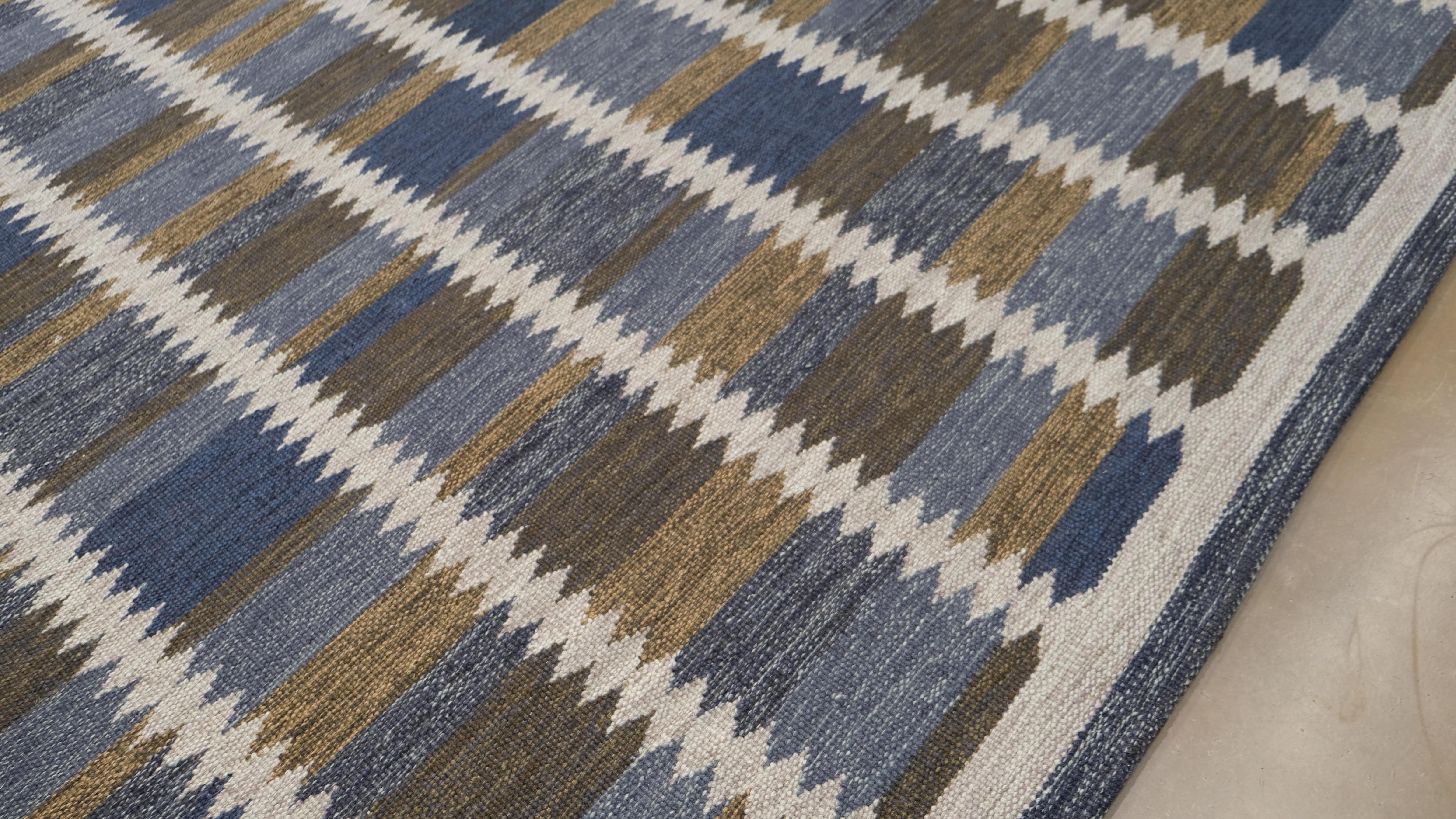XXI secolo e contemporaneo Tappeto a tessitura piatta Modern Brow Blue Block Geometric 9'x11'8'' in vendita