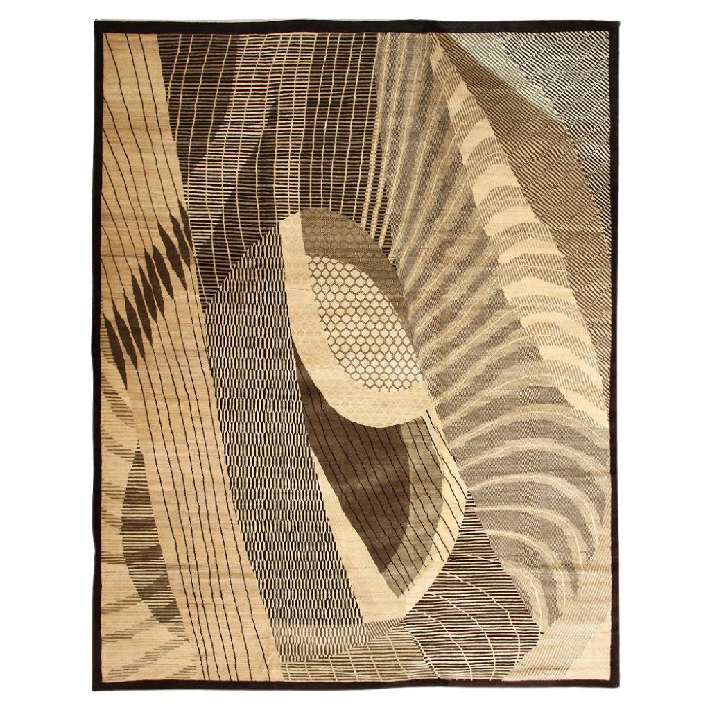 Modern Hand-Knotted Brown and Cream Persian Wool Carpet, 12' x 15'