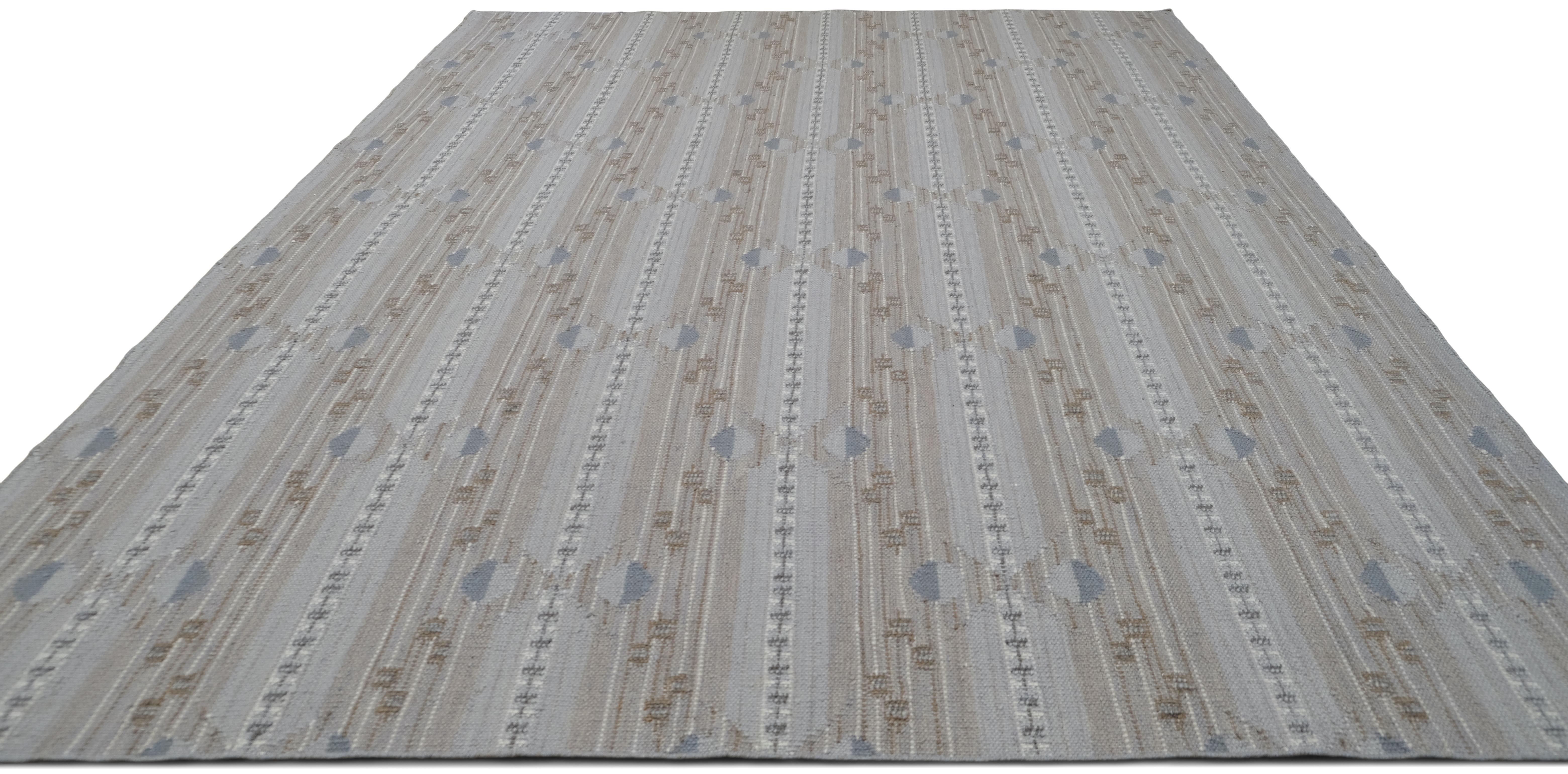 Asiatico Tappeto moderno in lana a righe geometriche marroni e grigie 8'9''x12'2'' in vendita