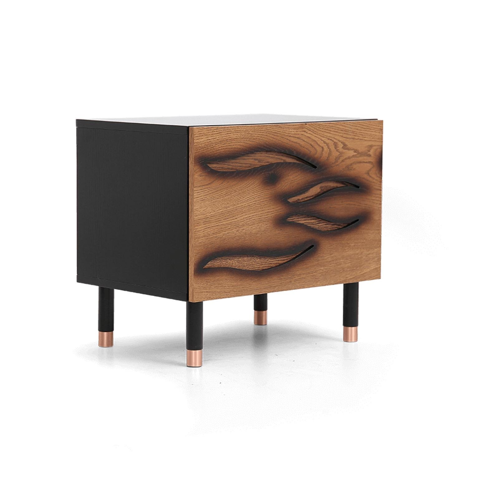 This modern bedside table gently fits the bedroom atmosphere by contrasting black and brown. Each bedside table features one drawers and inside shelf with soft closing mechanism to enhance the fabulous minimal look and feel. It is made of solid wood