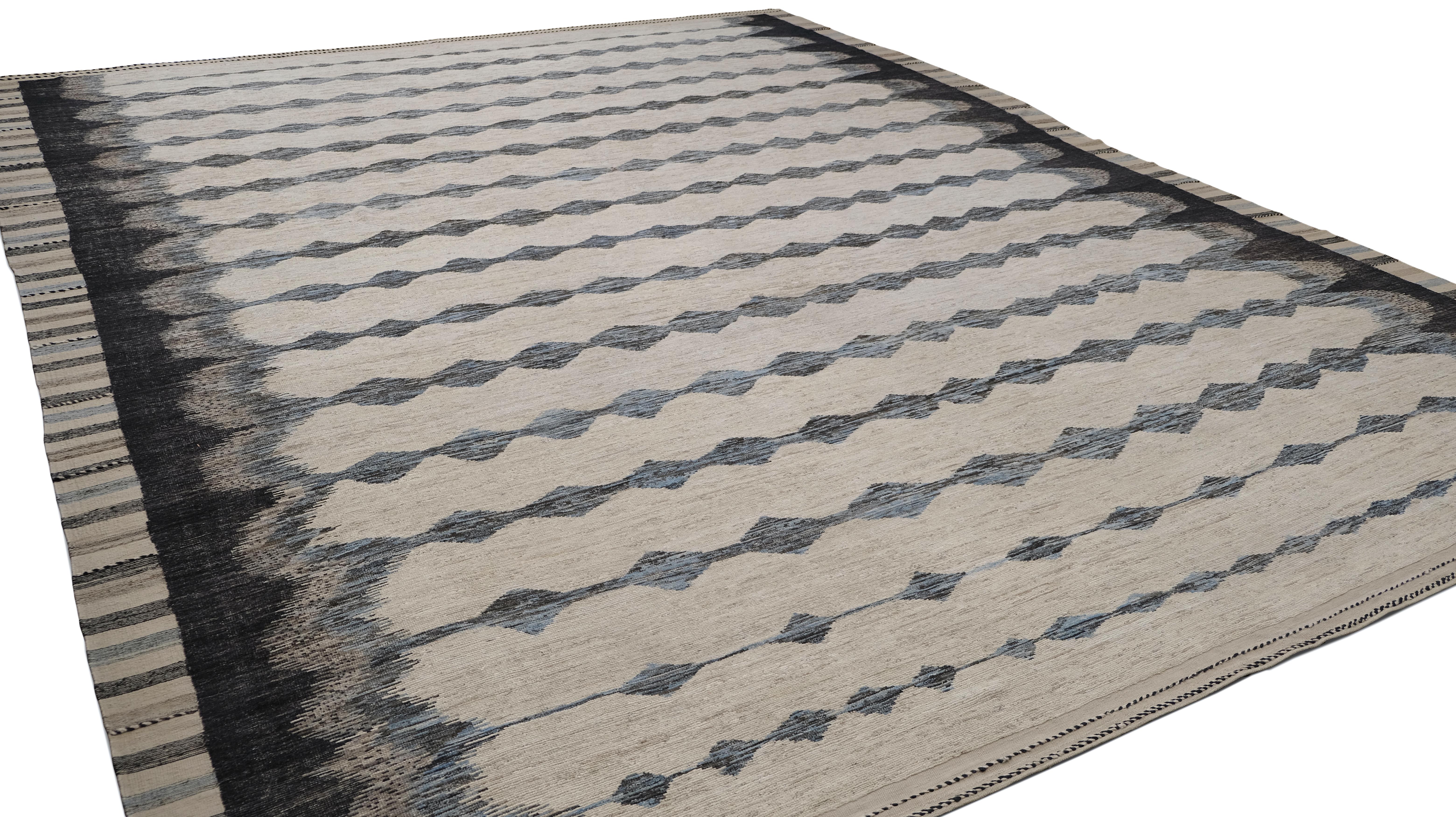 Modern Braun Blau Elfenbein Handgeknüpfter Wollteppich 20'3''x26'2'' (Wolle) im Angebot