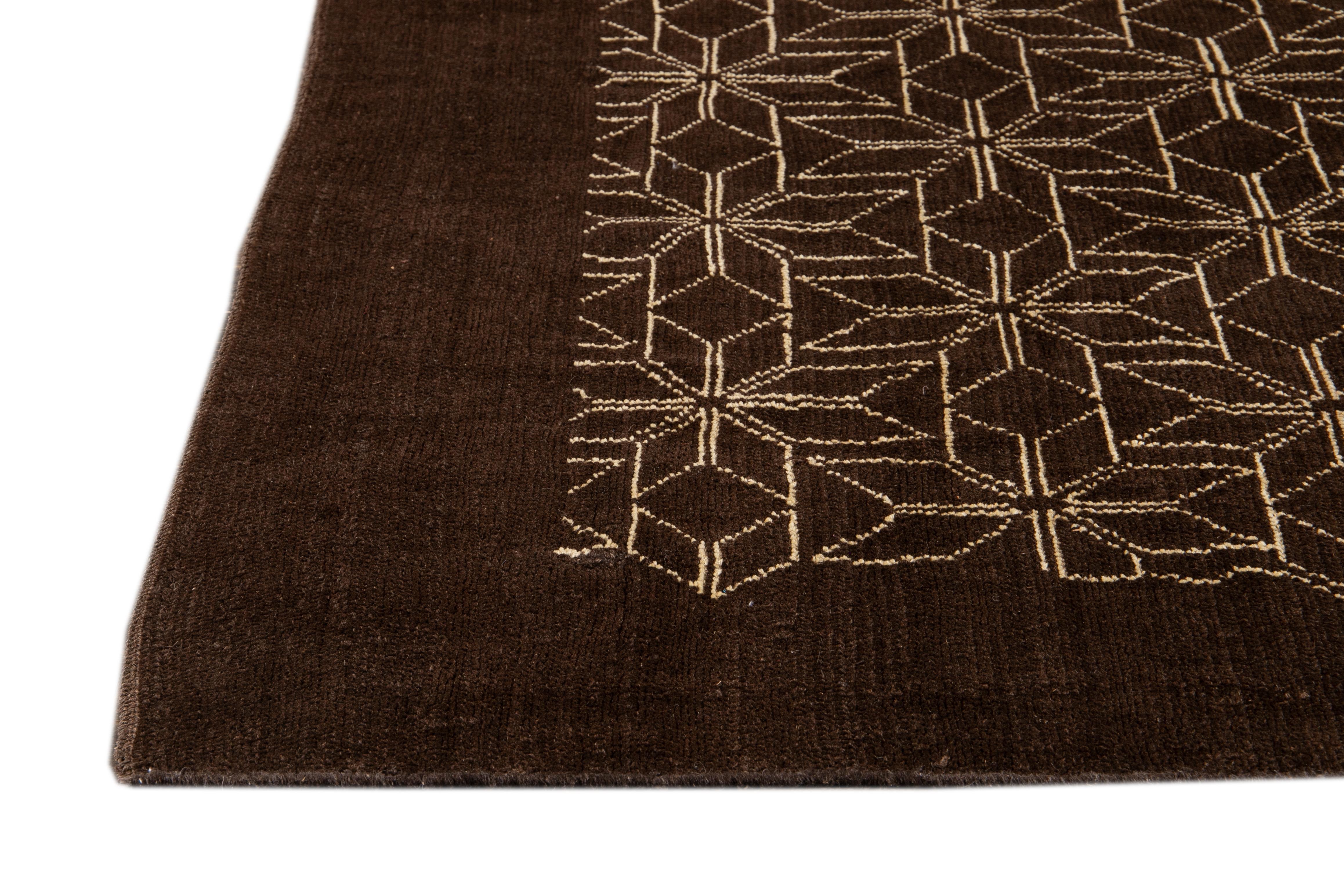 Afghan Modern Brown Deco Style Handmade Geometric Floral Wool Rug For Sale