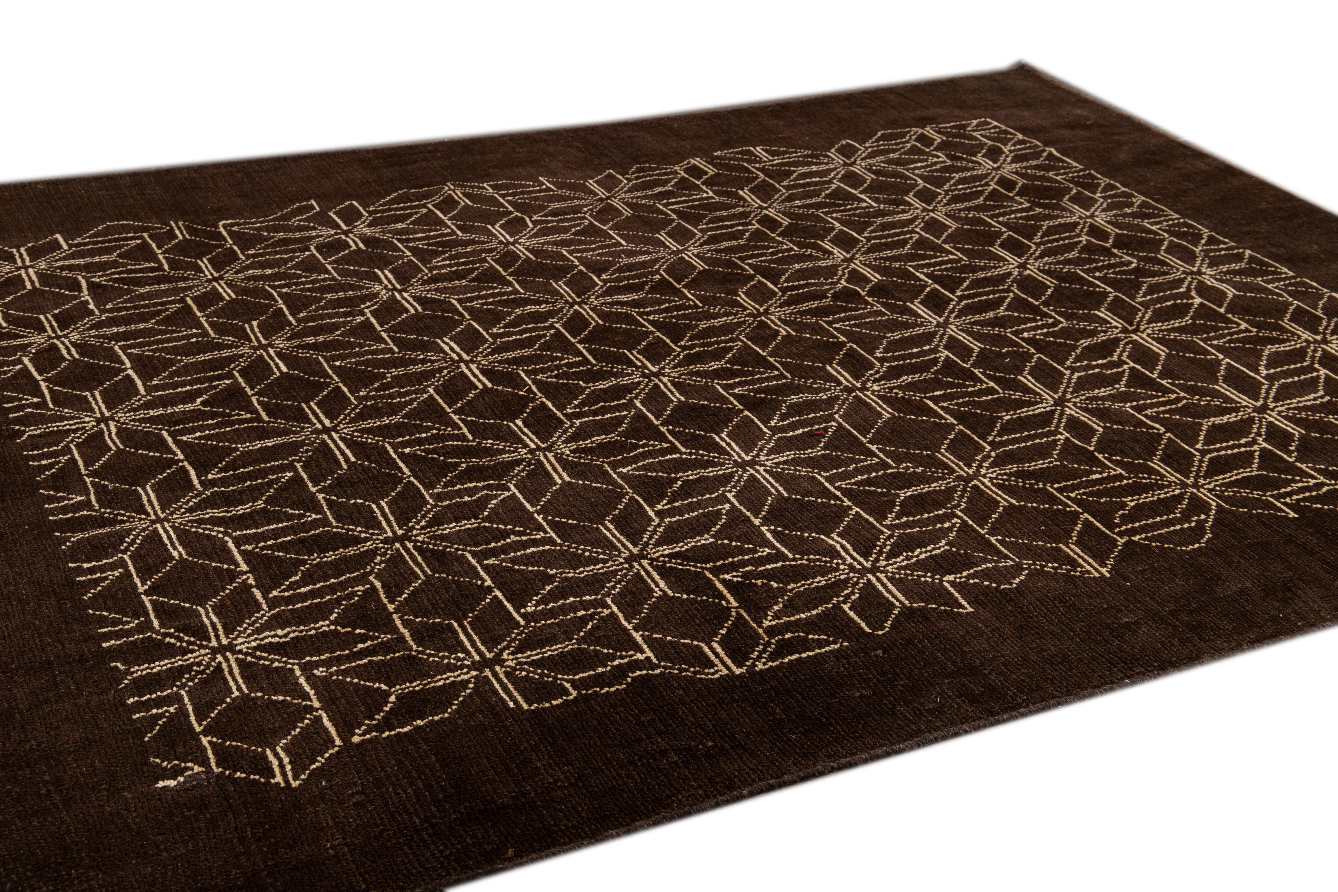 Hand-Knotted Modern Brown Deco Style Handmade Geometric Floral Wool Rug For Sale