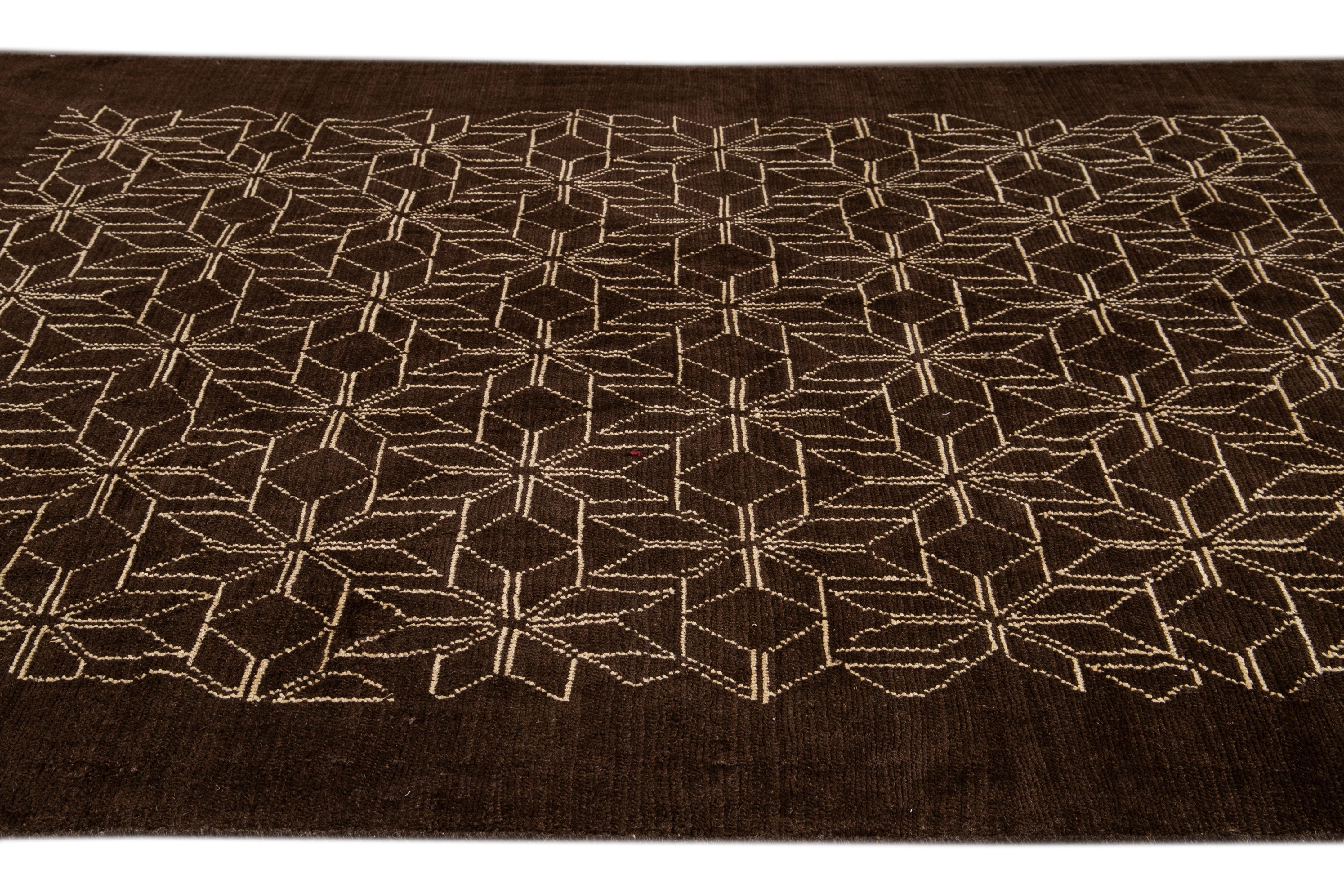 Modern Brown Deco Style Handmade Geometric Floral Wool Rug In New Condition For Sale In Norwalk, CT