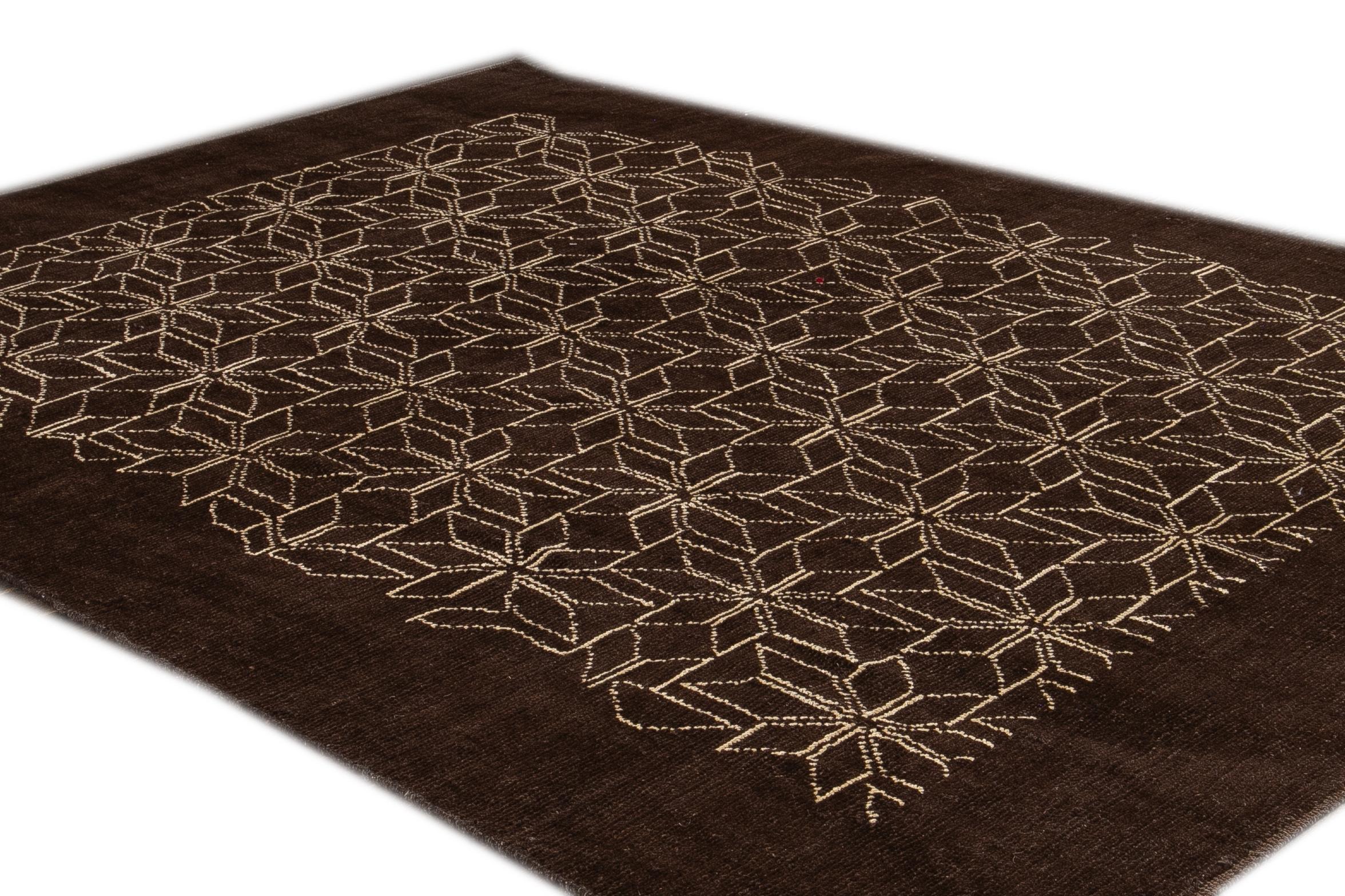 Contemporary Modern Brown Deco Style Handmade Geometric Floral Wool Rug For Sale