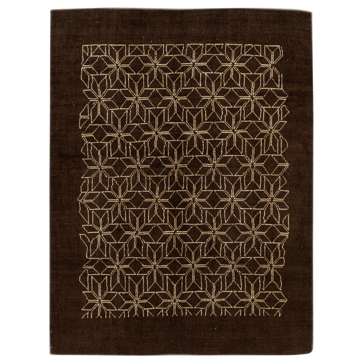 Modern Brown Deco Style Handmade Geometric Floral Wool Rug For Sale