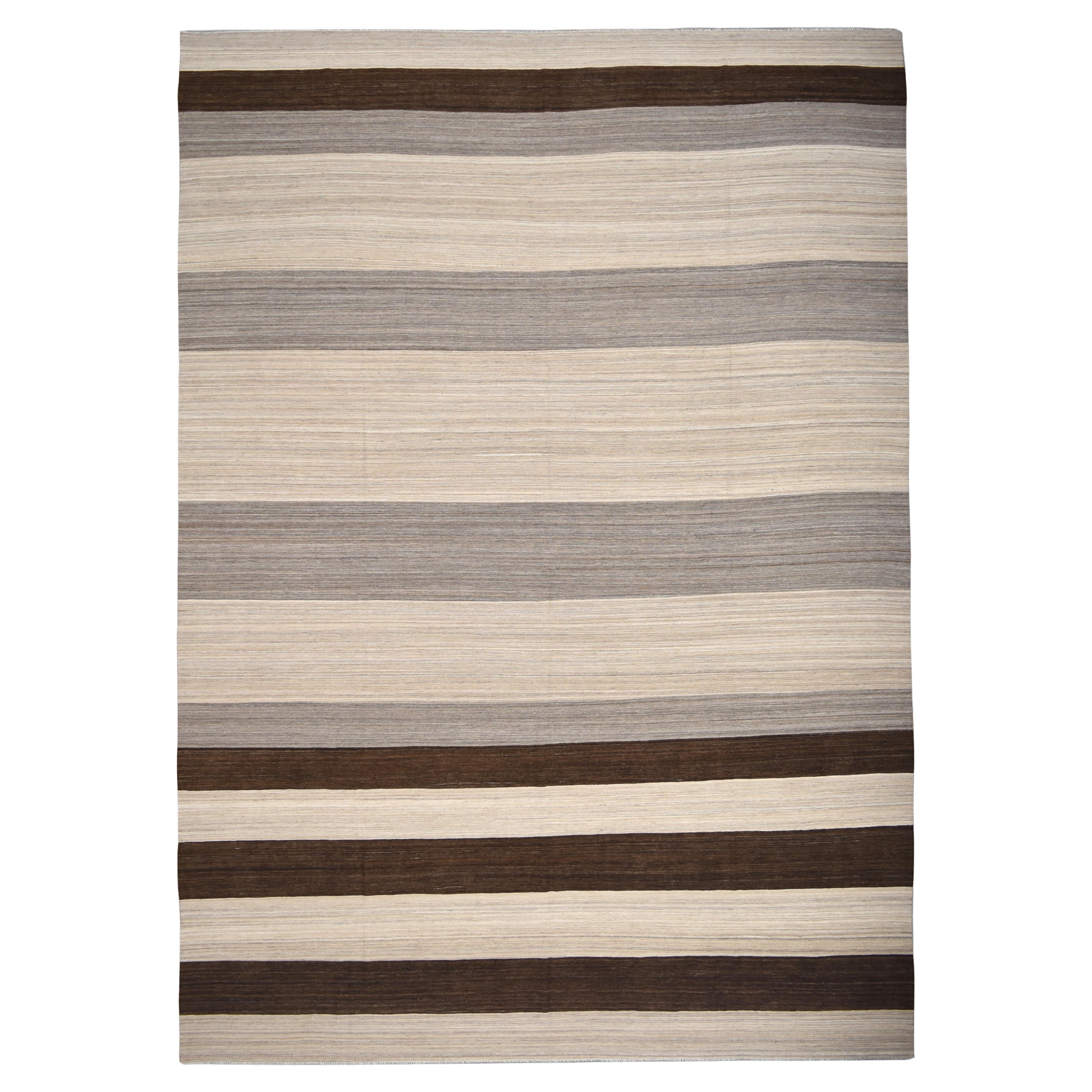 The Moderns Kilim en laine tissée à la main Brown, Ivory, and Gray 14'2''x20' en vente