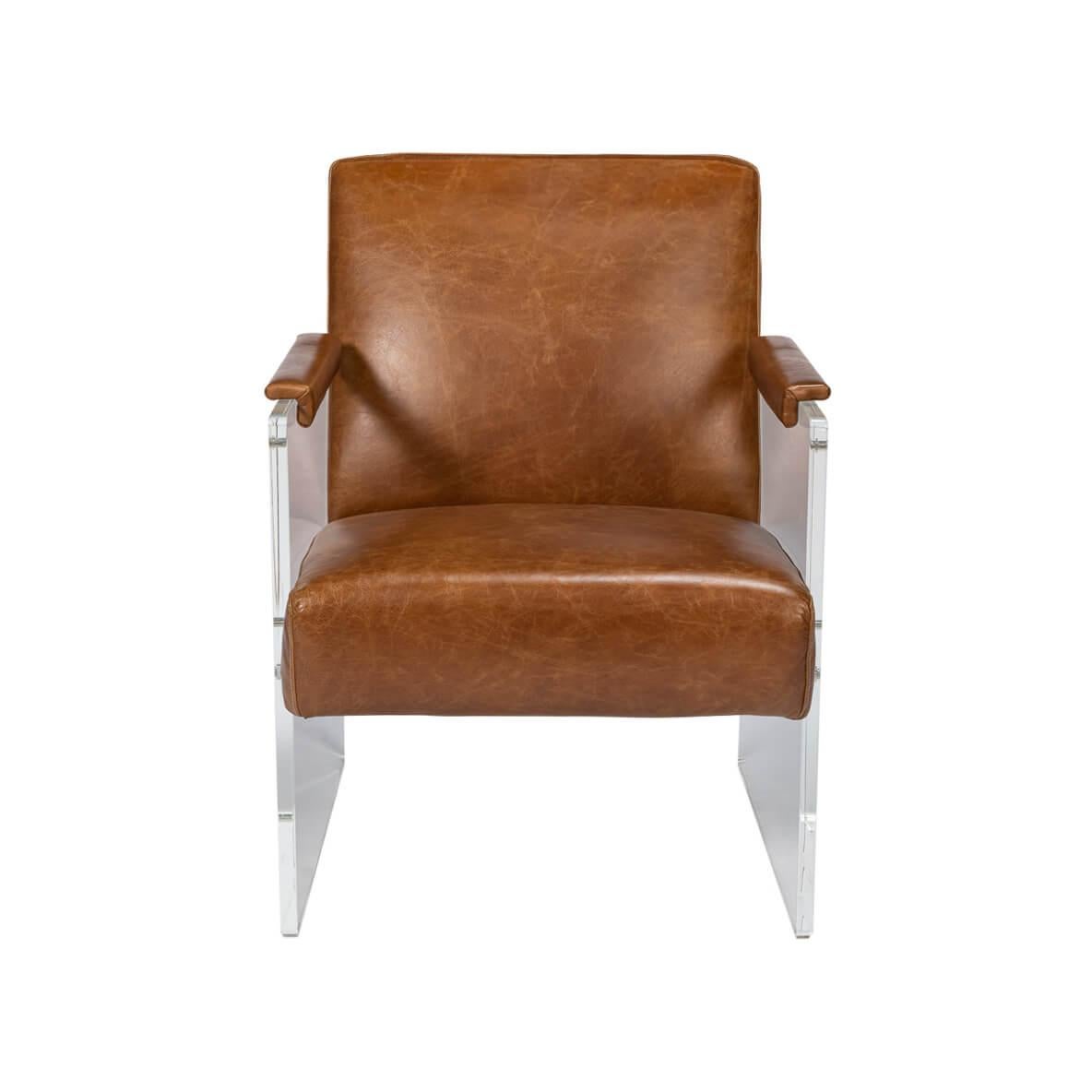 Sitz und Rückenlehne dieses Sessels bestehen aus glattem, kubabraunem Leder, das für ein luxuriöses Sitzerlebnis sorgt. Im Kontrast dazu stehen die Seitenteile aus klarem Acryl, die den Eindruck erwecken, in der Luft zu schweben.

Die transparente