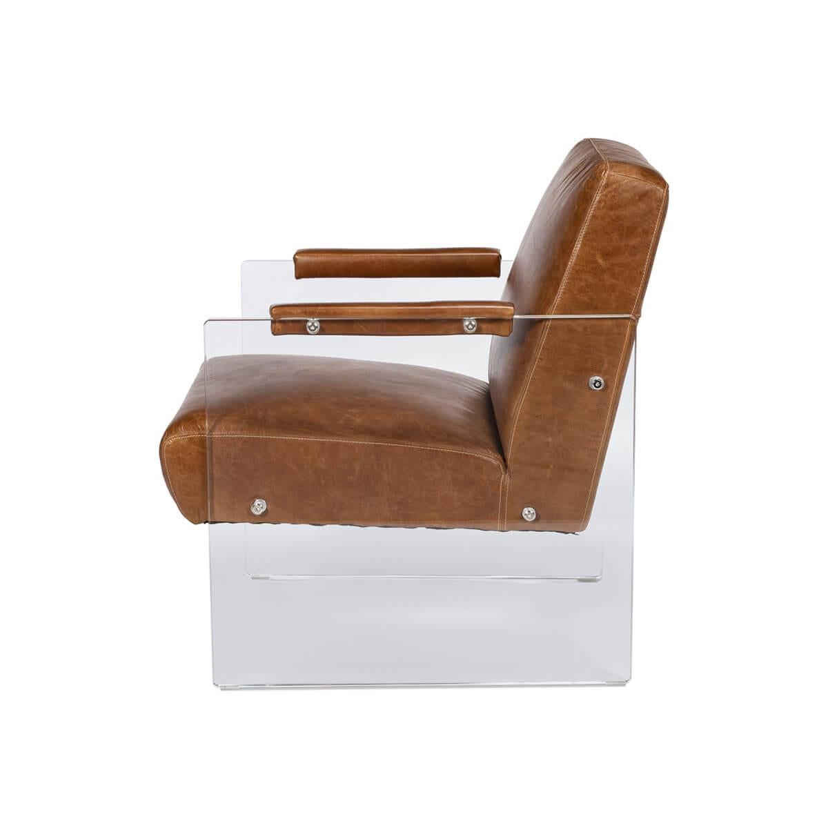 Mid-Century Modern Modern Brown Leather and Lucite Armchair For Sale