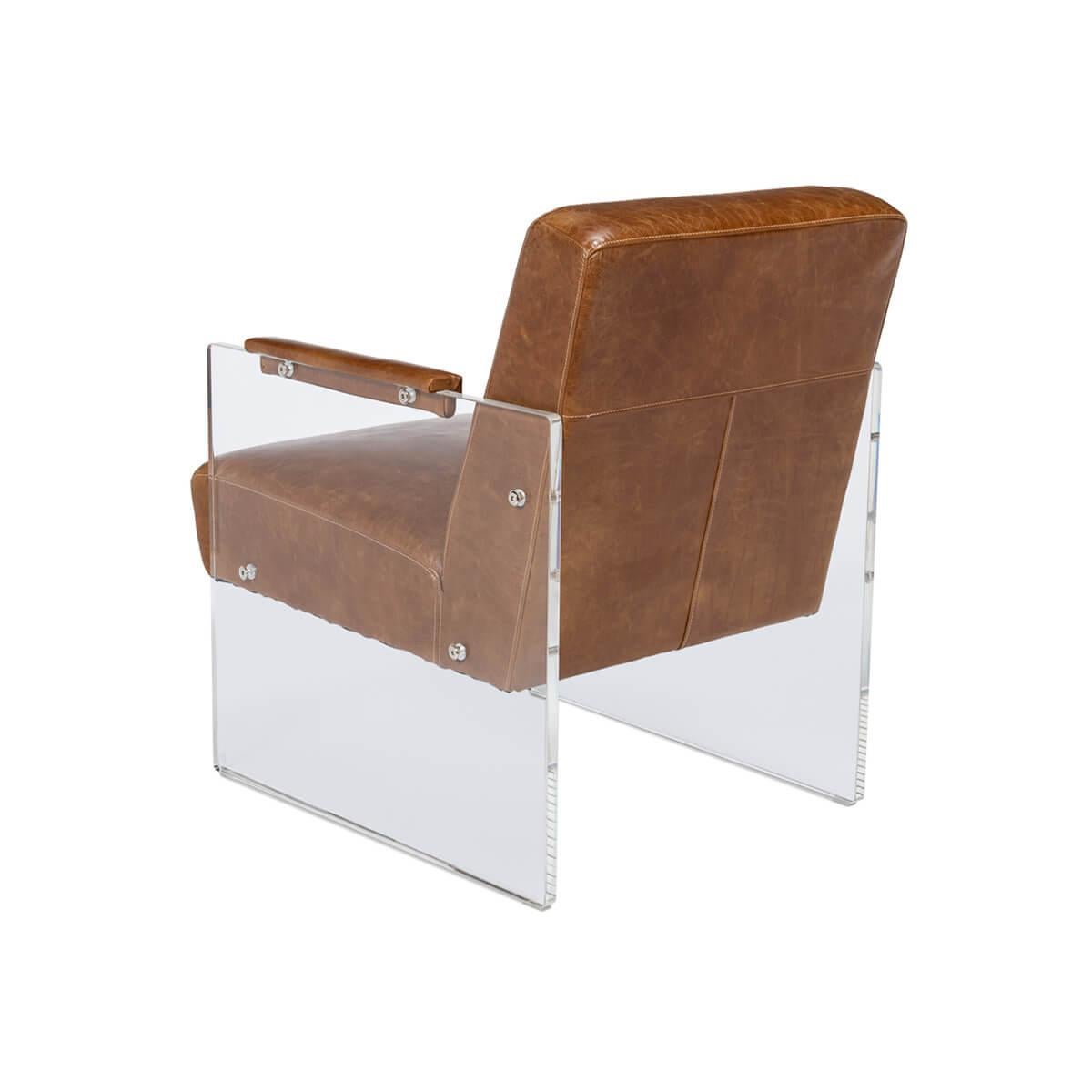 Asian Modern Brown Leather and Lucite Armchair For Sale