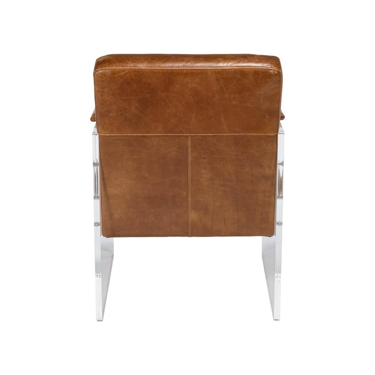 Modern Brown Leather and Lucite Armchair In New Condition For Sale In Westwood, NJ