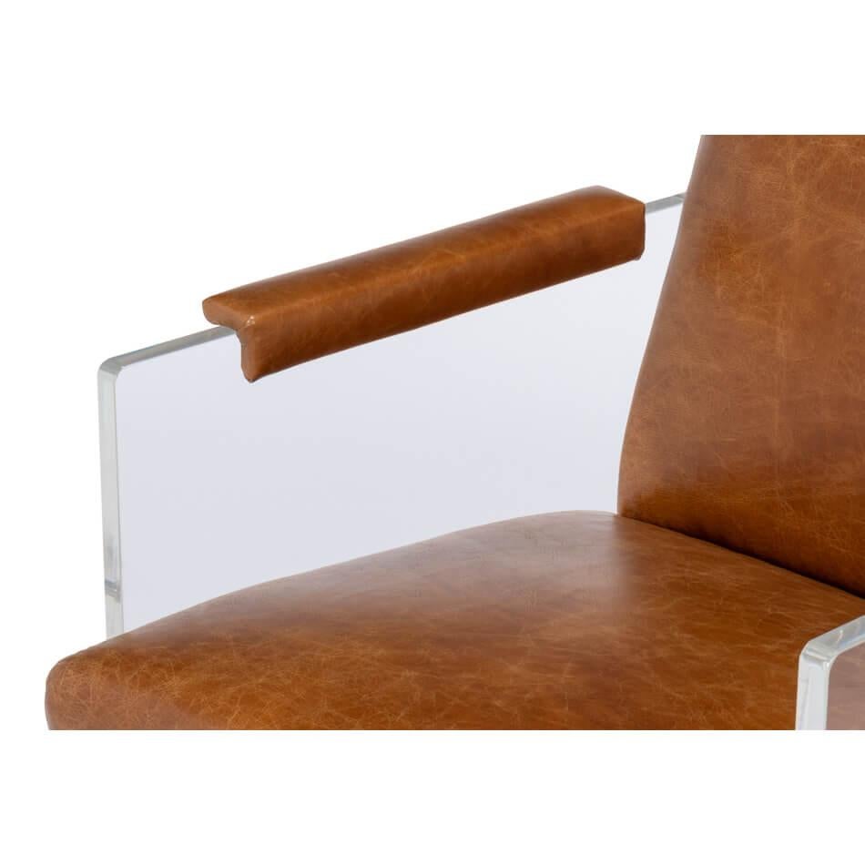 Contemporary Modern Brown Leather and Lucite Armchair For Sale
