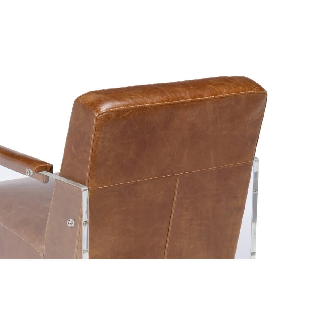 Acrylic Modern Brown Leather and Lucite Armchair For Sale