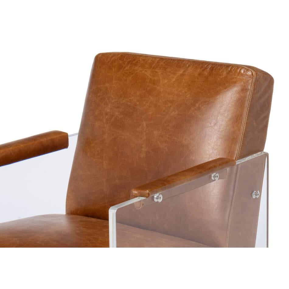 Modern Brown Leather and Lucite Armchair For Sale 1
