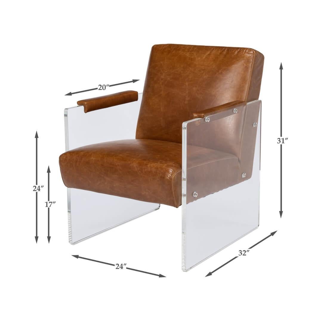 Modern Brown Leather and Lucite Armchair For Sale 2