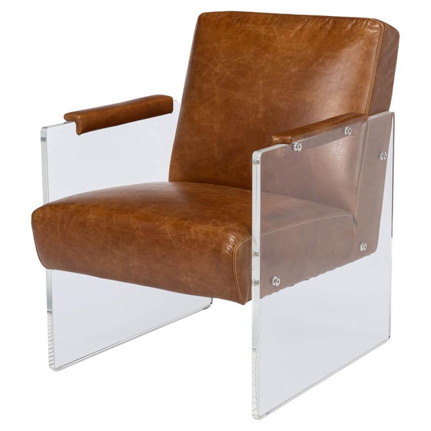 Modern Brown Leather and Lucite Armchair