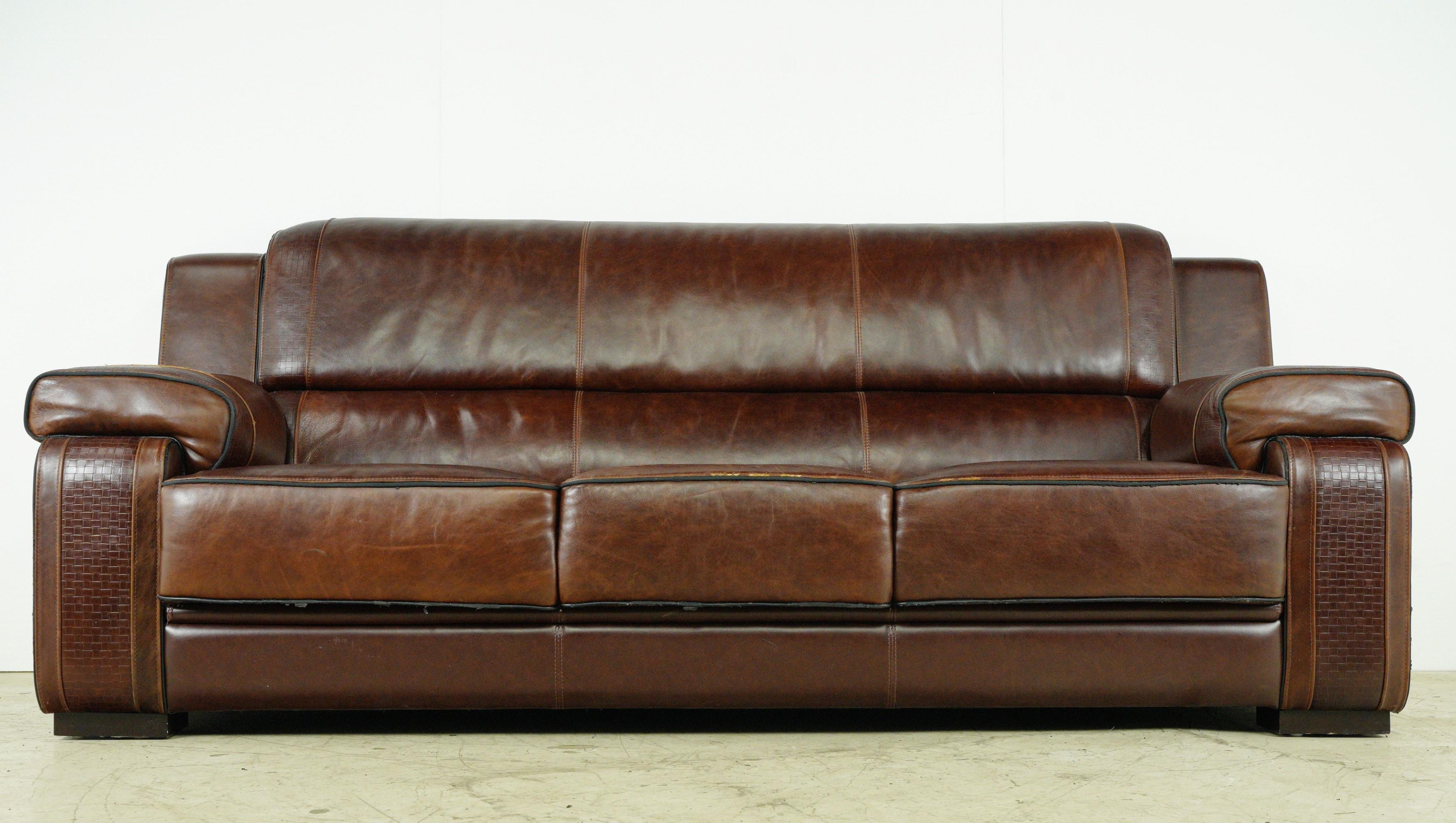 Modern Brown Leather Couch & Love Seat Set For Sale 9
