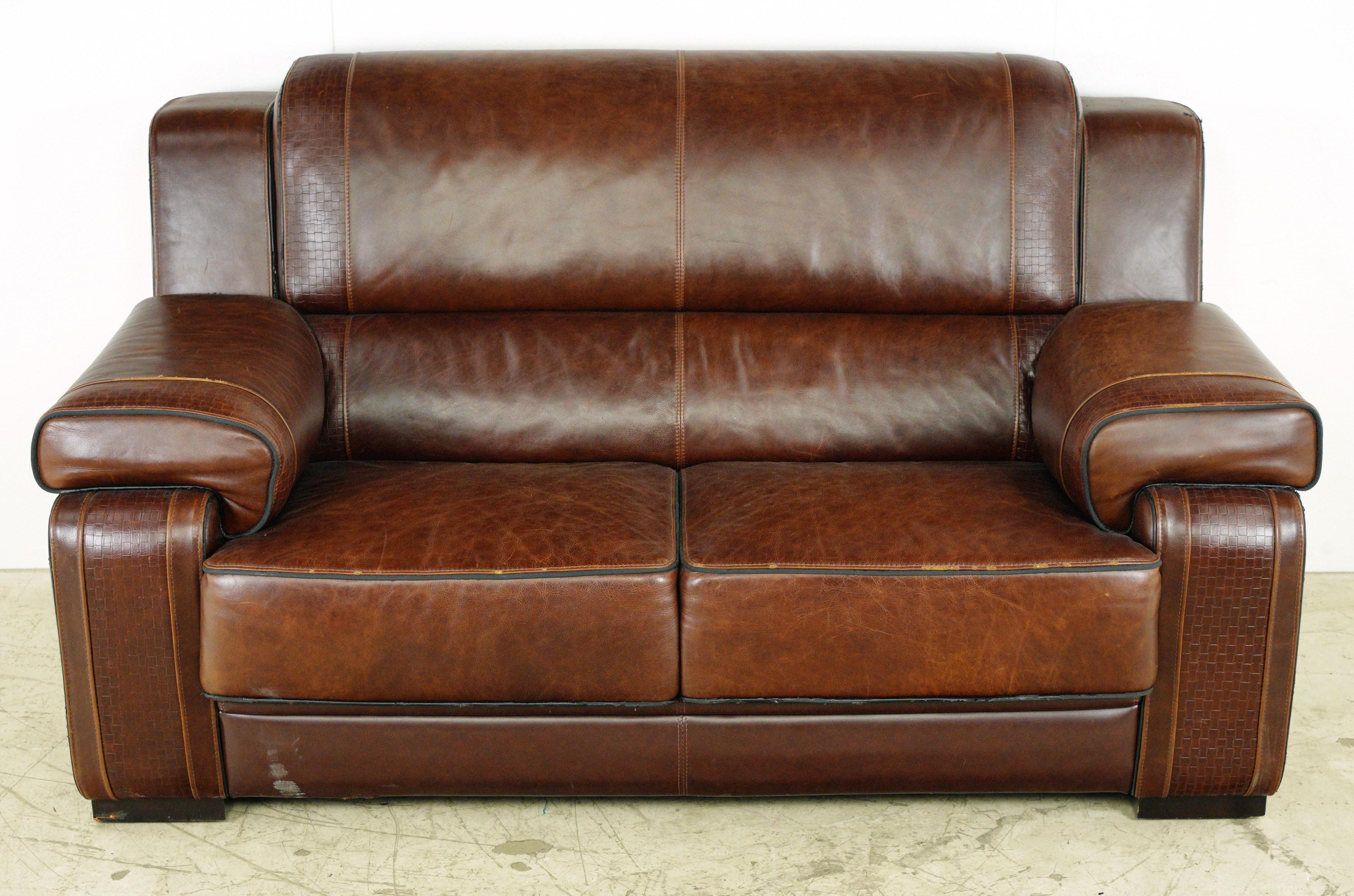 Modern Brown Leather Couch & Love Seat Set In Good Condition For Sale In New York, NY