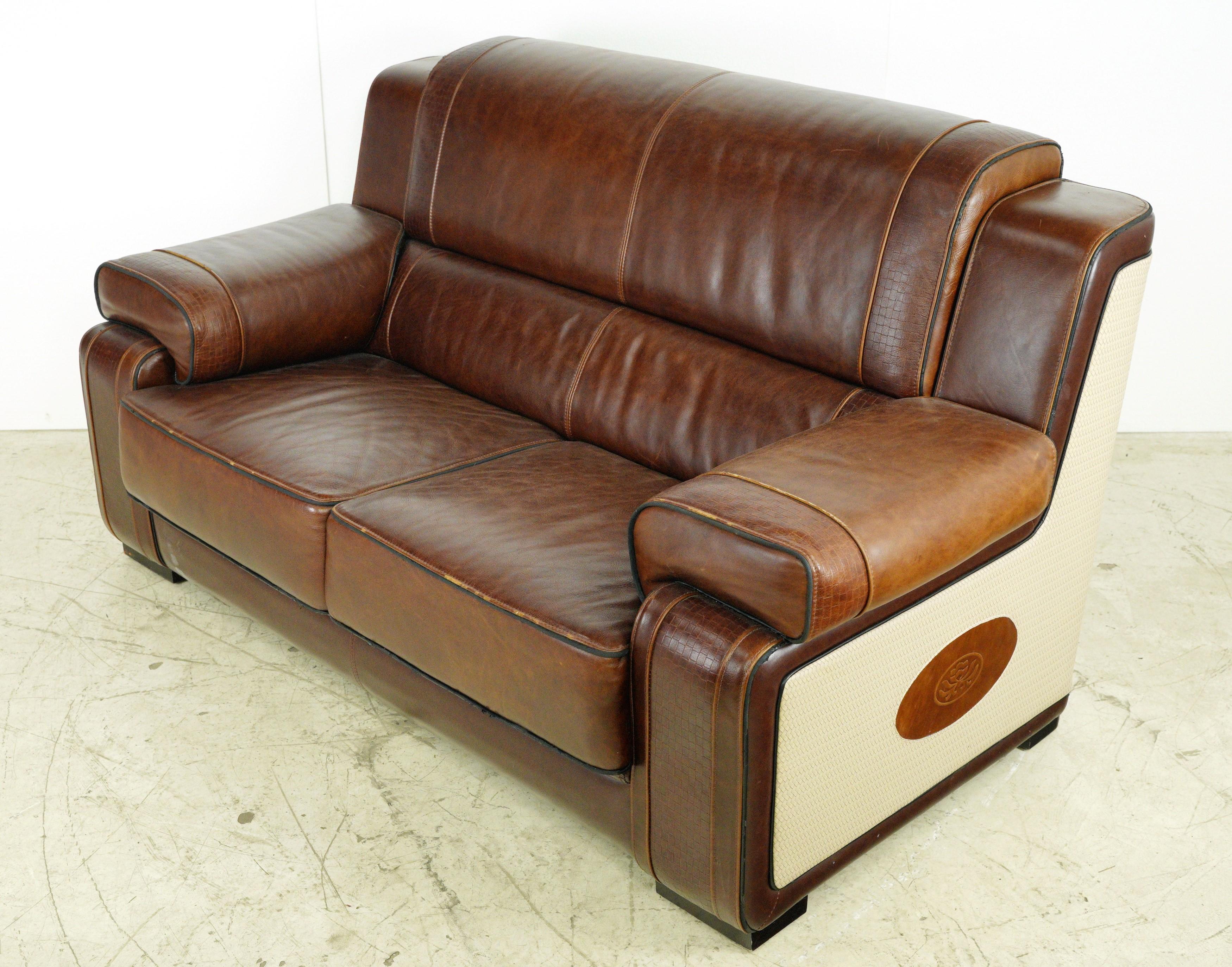Modern Brown Leather Couch & Love Seat Set For Sale 1