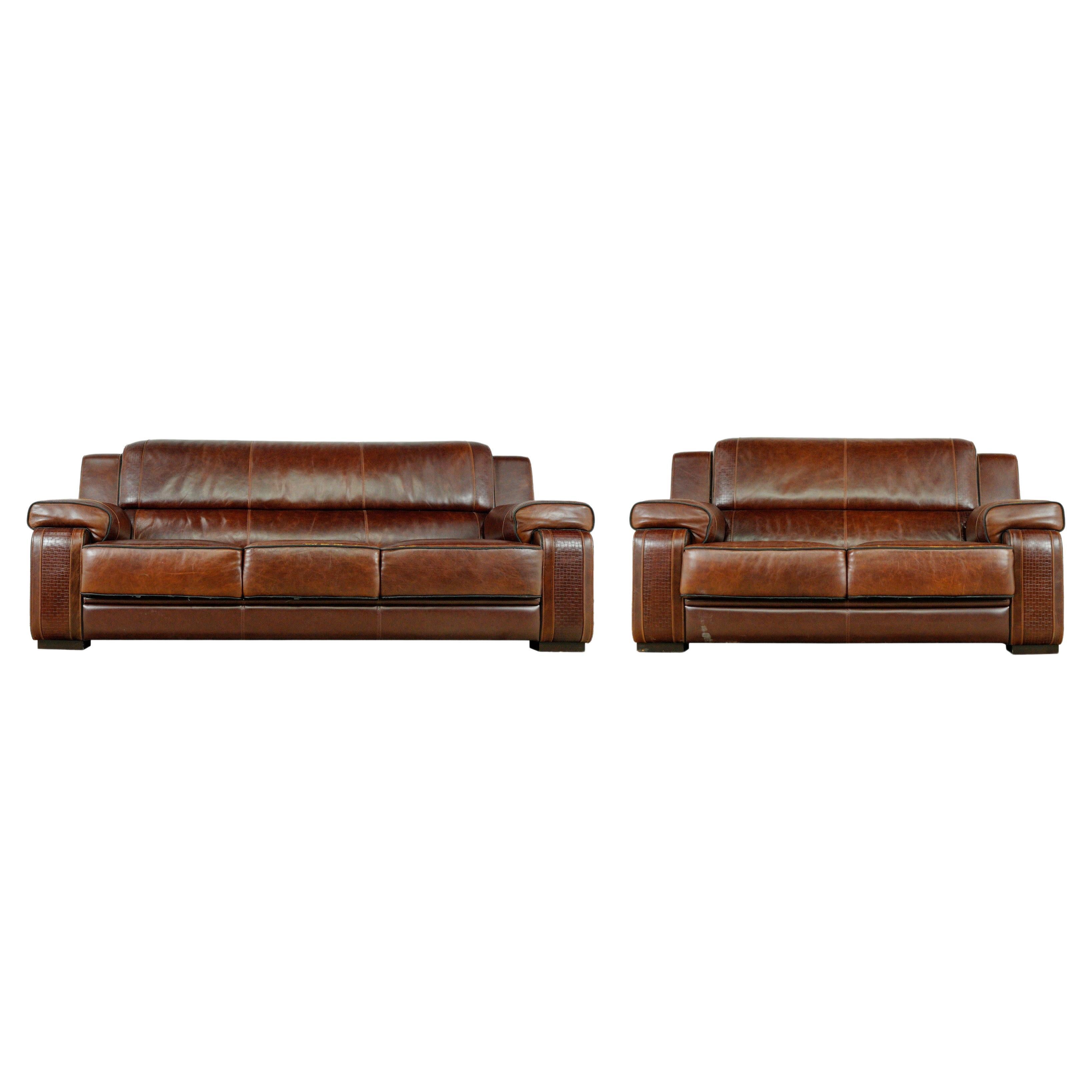 Modern Brown Leather Couch & Love Seat Set For Sale