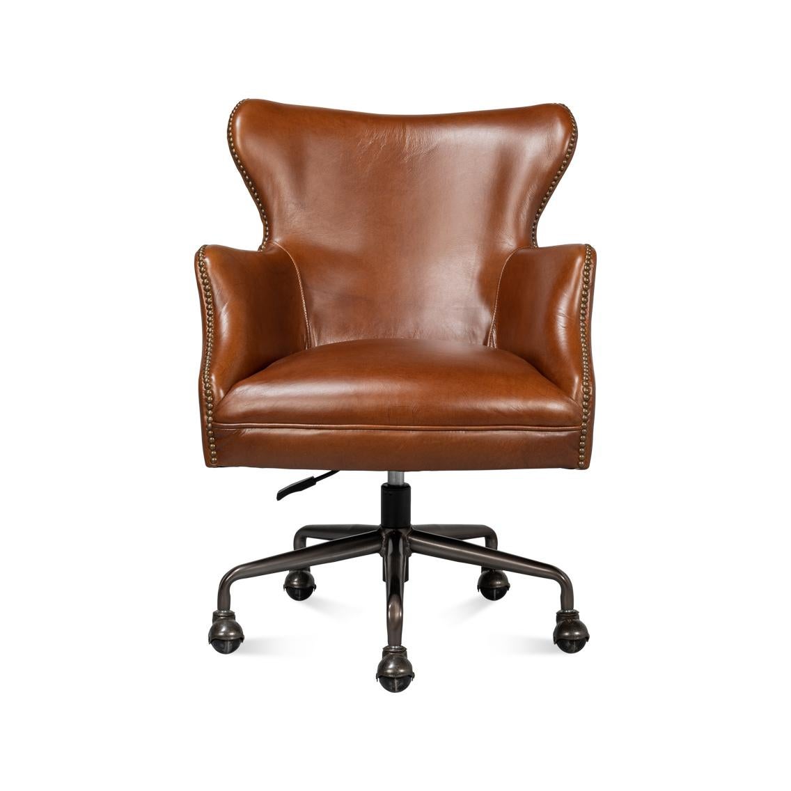A modern brown leather desk chair with brass nailhead trim. A truly timeless classic style crafted in rich brown leather. This practical and functional chair will elevate the look and feel of any office while you work in comfort. 

Made of