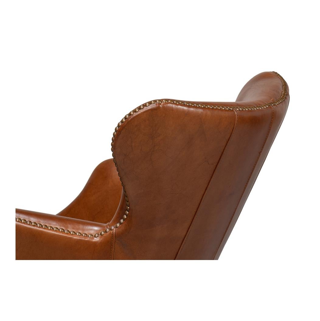Asian Modern Brown Leather Desk Chair For Sale
