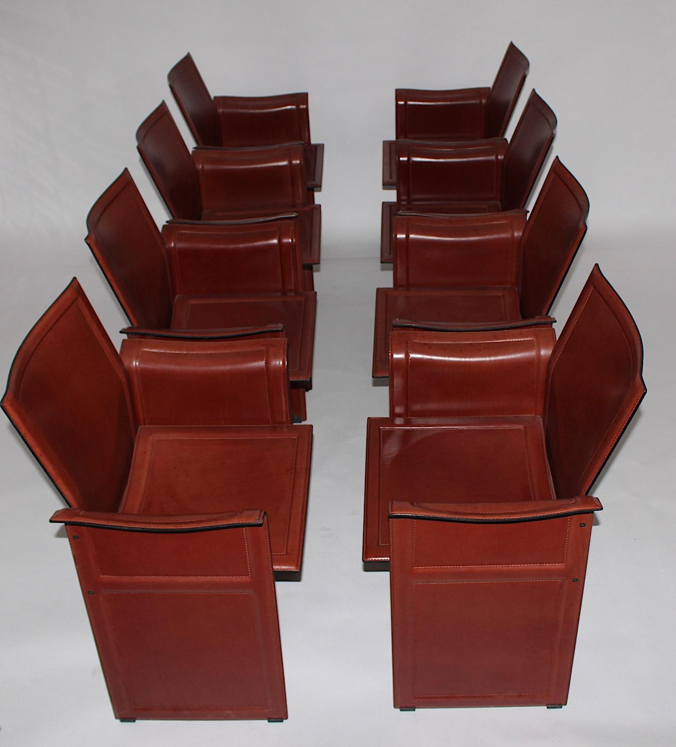 Italian Modern Brown Leather Vintage Dining Chairs Tito Agnoli for Matteo Grassi, 1979 For Sale