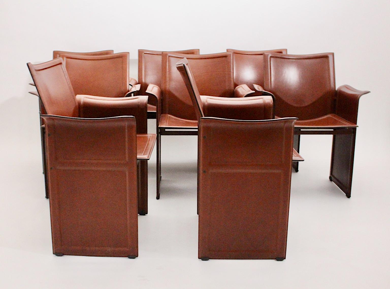 Modern Brown Leather Vintage Dining Chairs Tito Agnoli for Matteo Grassi, 1979 For Sale 1