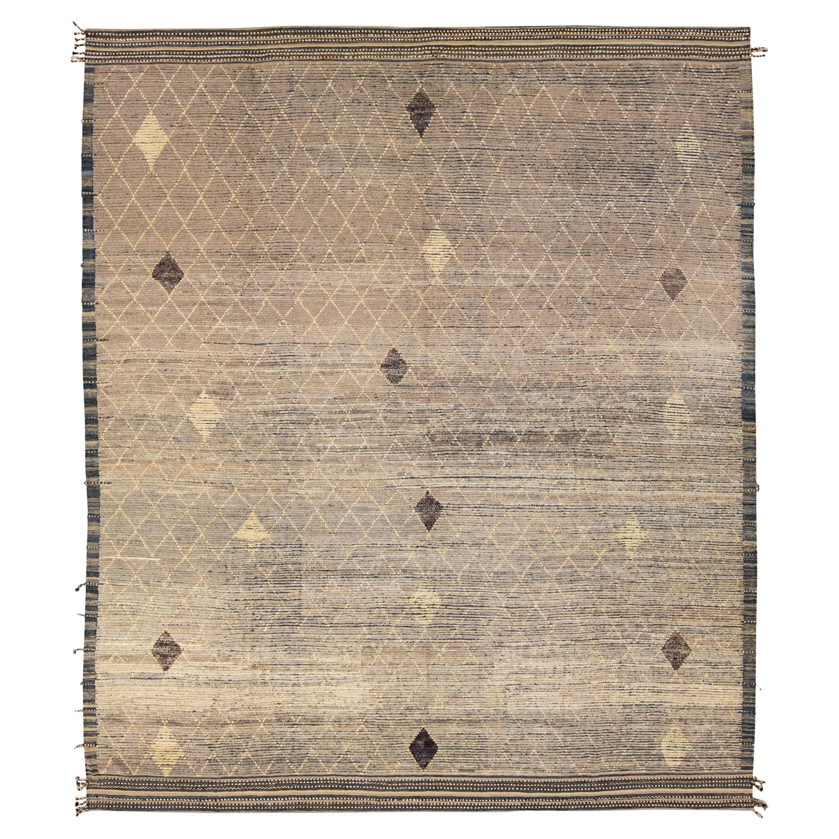 Modern Brown Moroccan Style Handmade Diamond Pattern Oversize Wool Rug For Sale 3