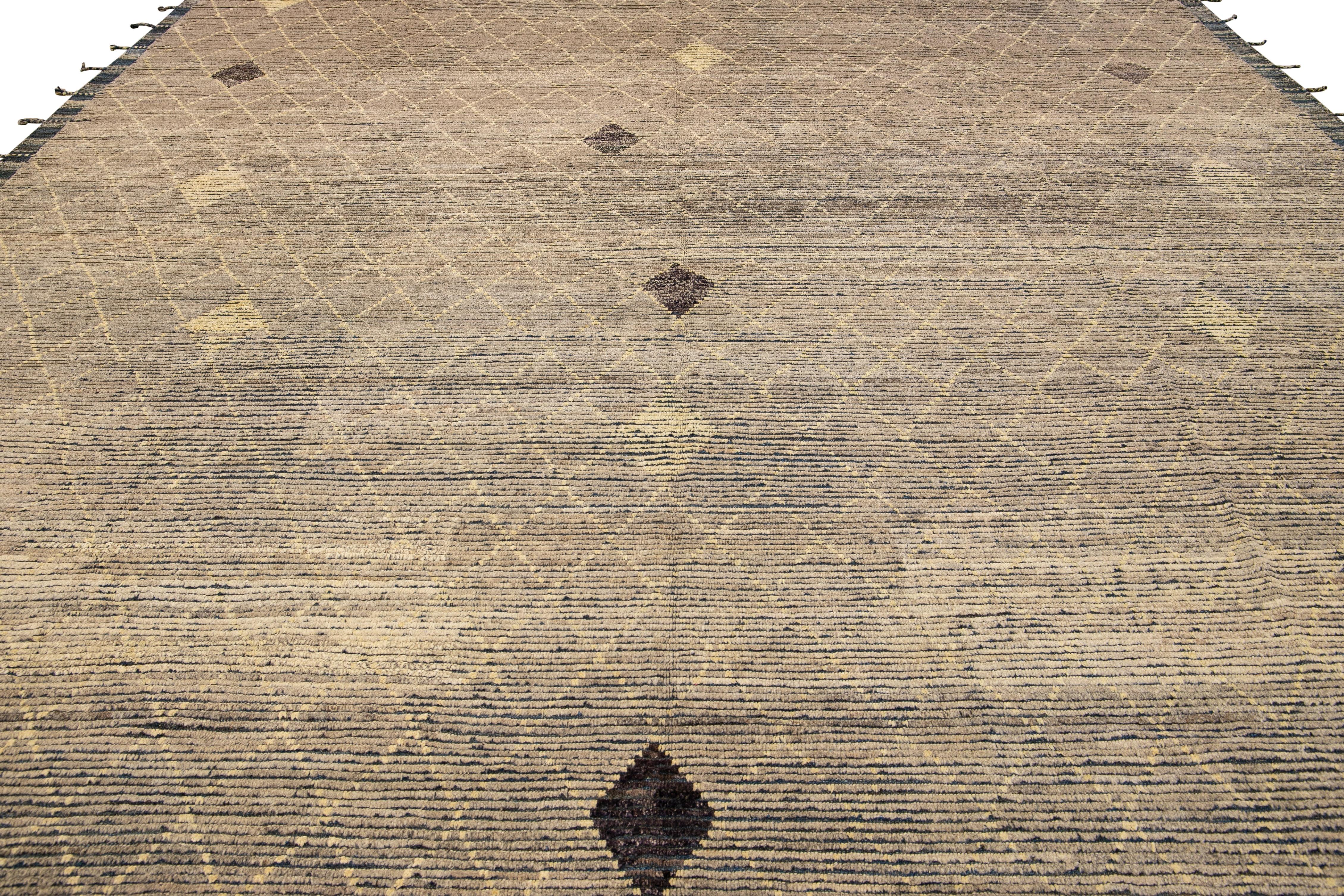 Bohemian Modern Brown Moroccan Style Handmade Diamond Pattern Oversize Wool Rug For Sale