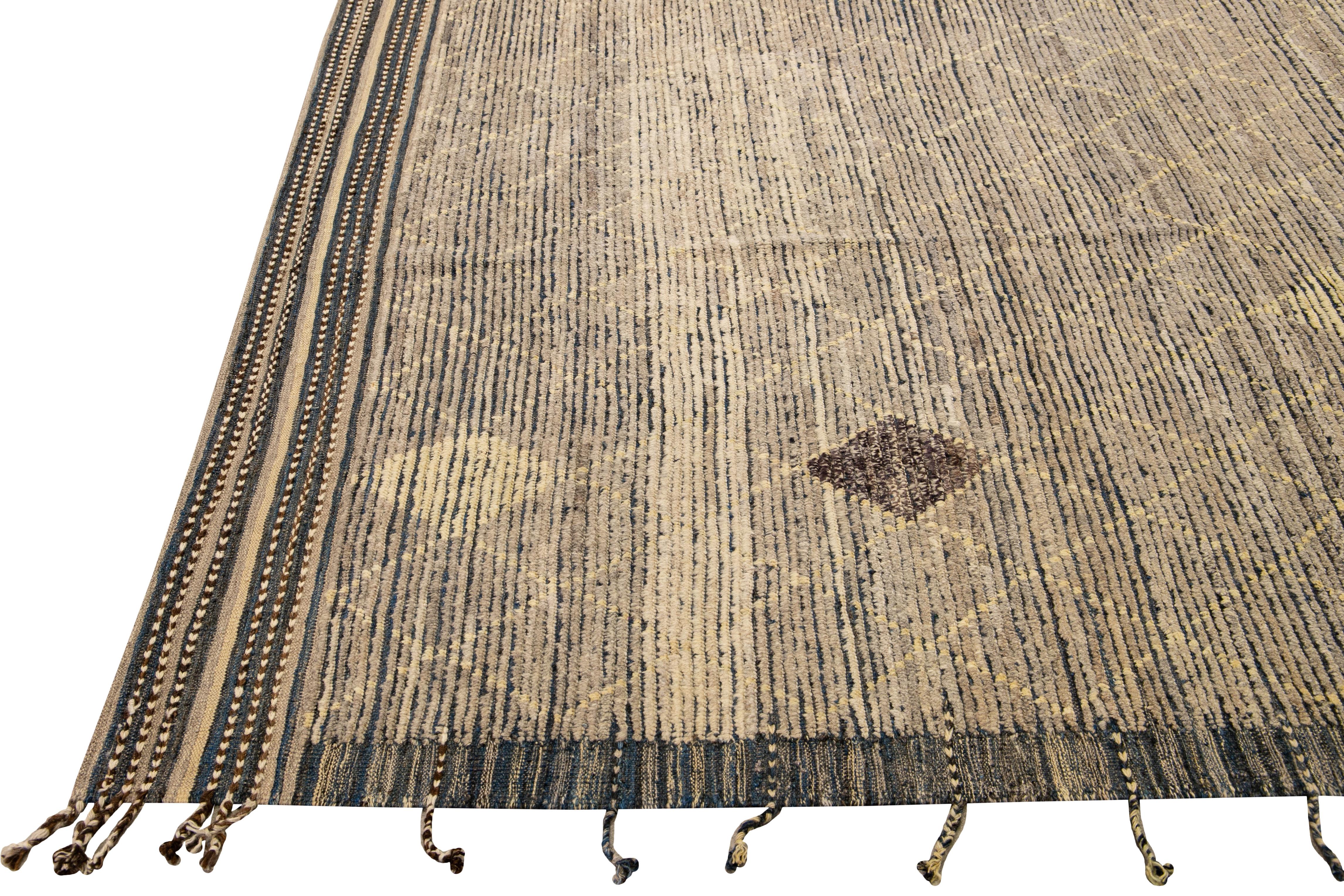 Afghan Modern Brown Moroccan Style Handmade Diamond Pattern Oversize Wool Rug For Sale