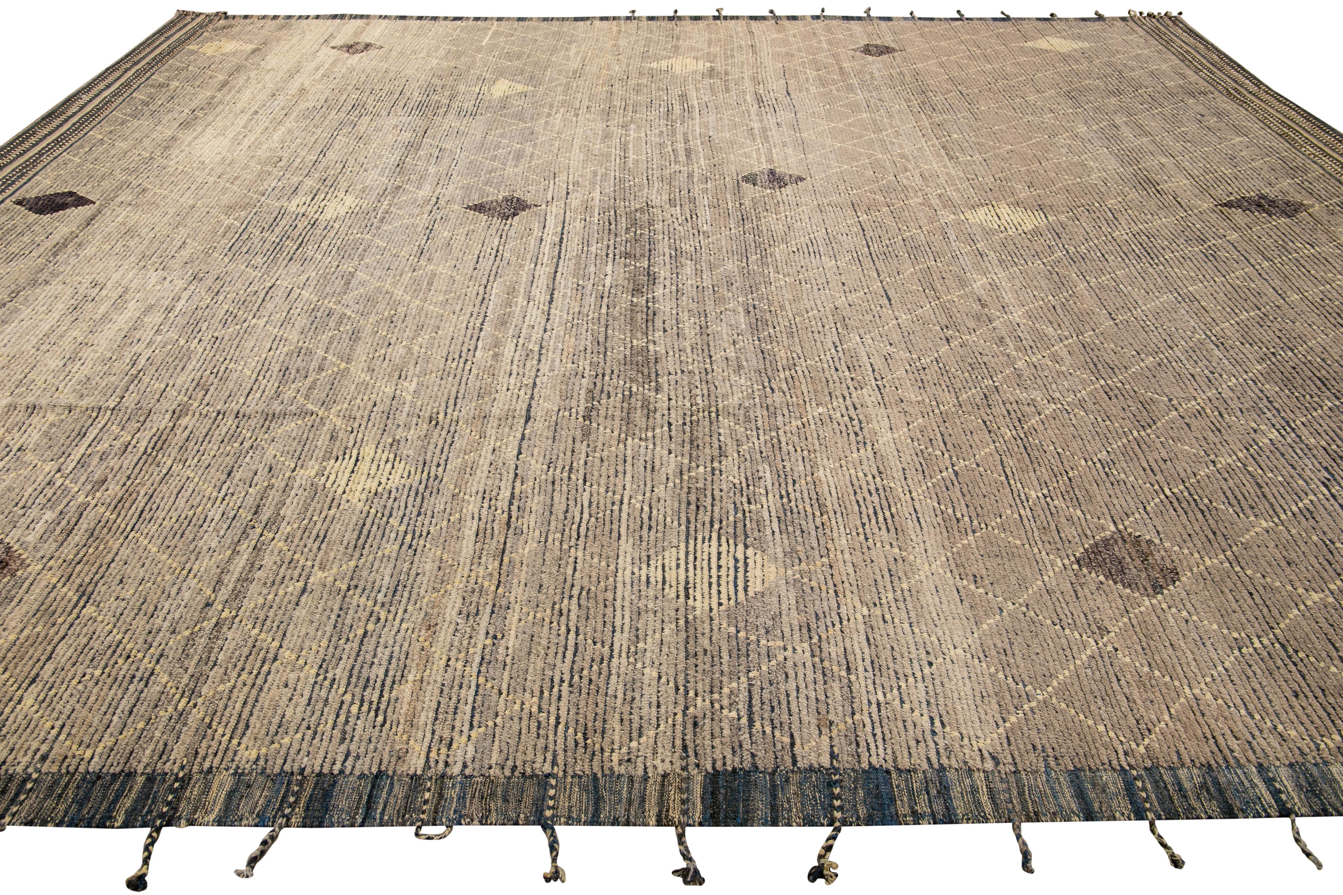 Hand-Knotted Modern Brown Moroccan Style Handmade Diamond Pattern Oversize Wool Rug For Sale