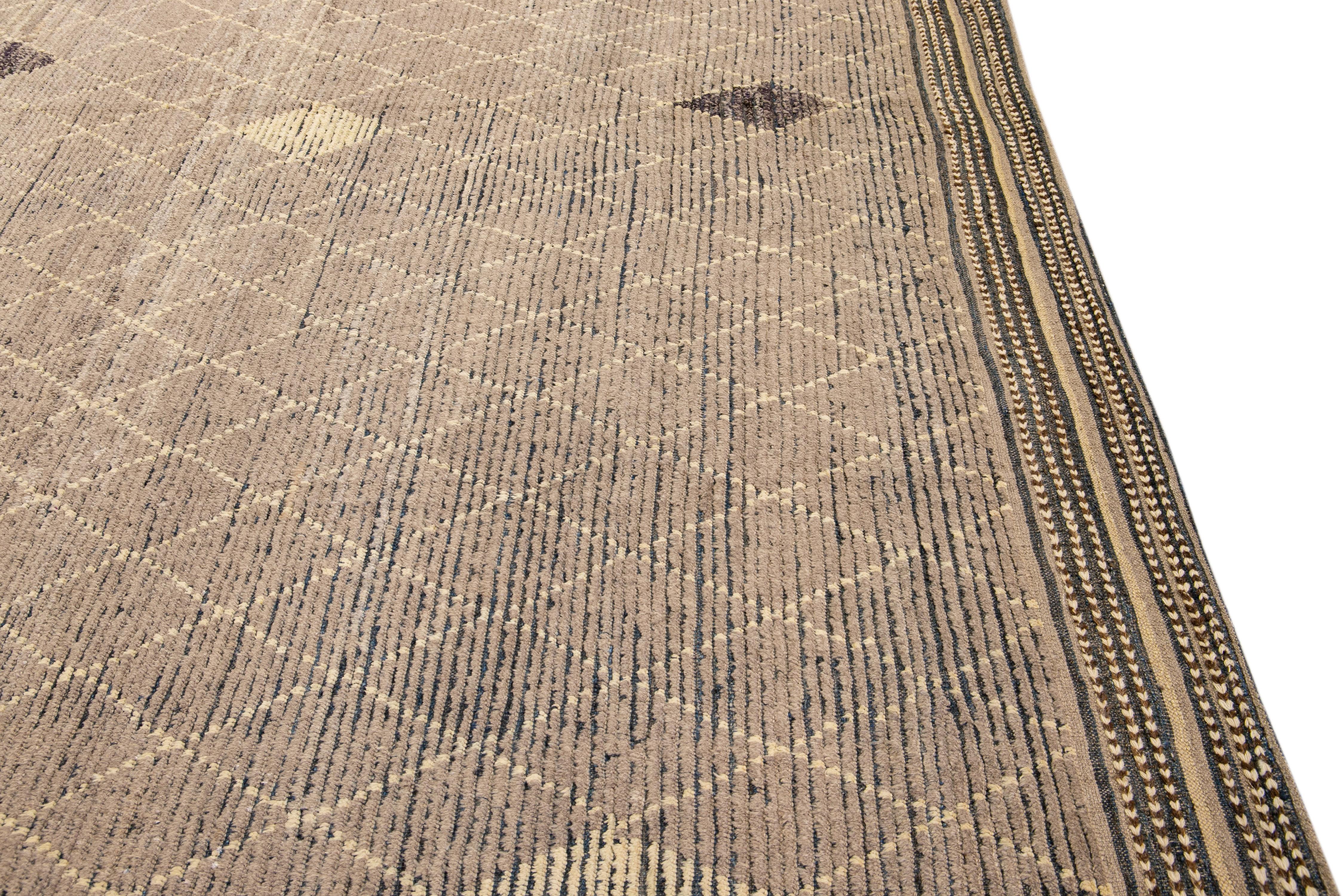Contemporary Modern Brown Moroccan Style Handmade Diamond Pattern Oversize Wool Rug For Sale