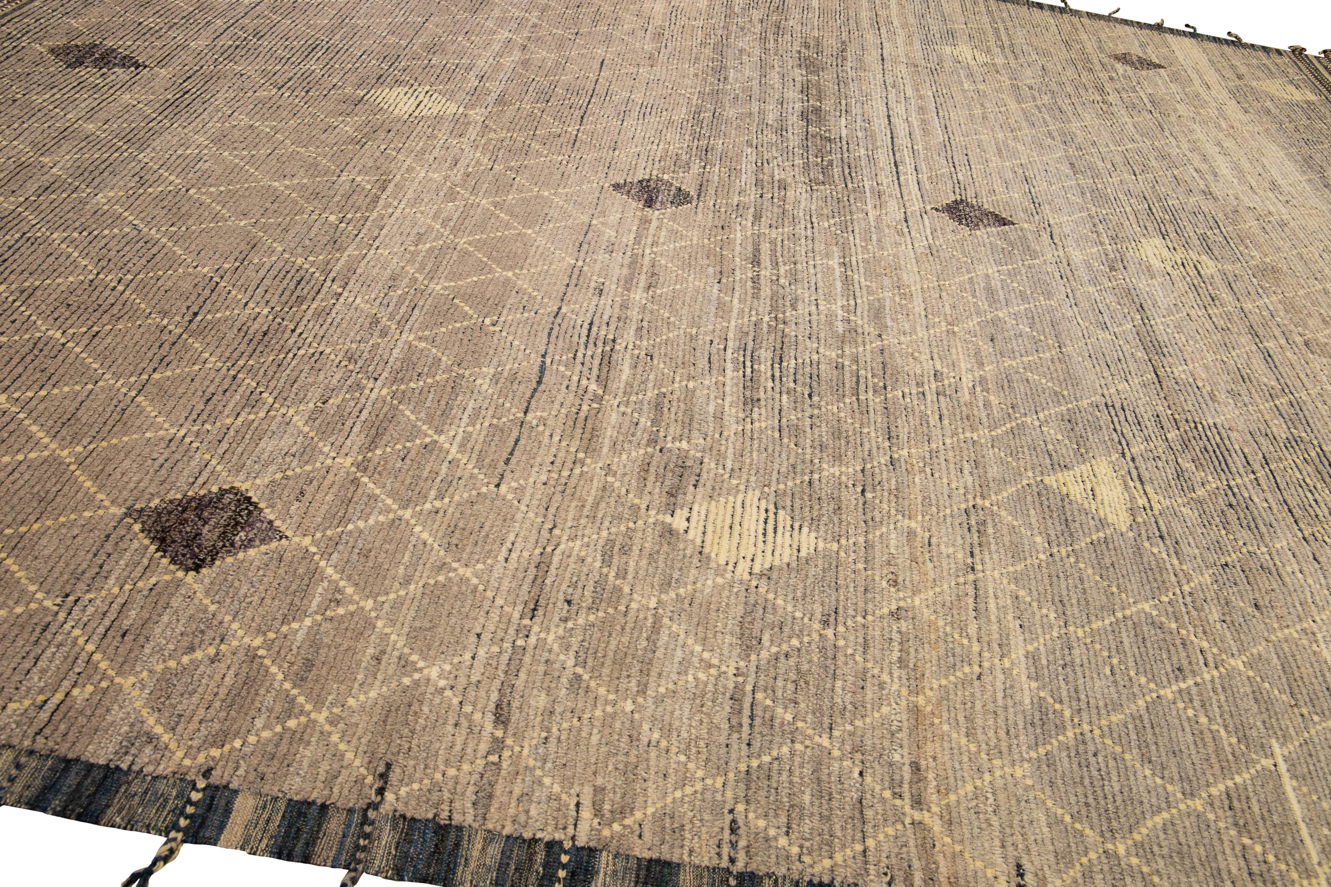 Modern Brown Moroccan Style Handmade Diamond Pattern Oversize Wool Rug For Sale 1