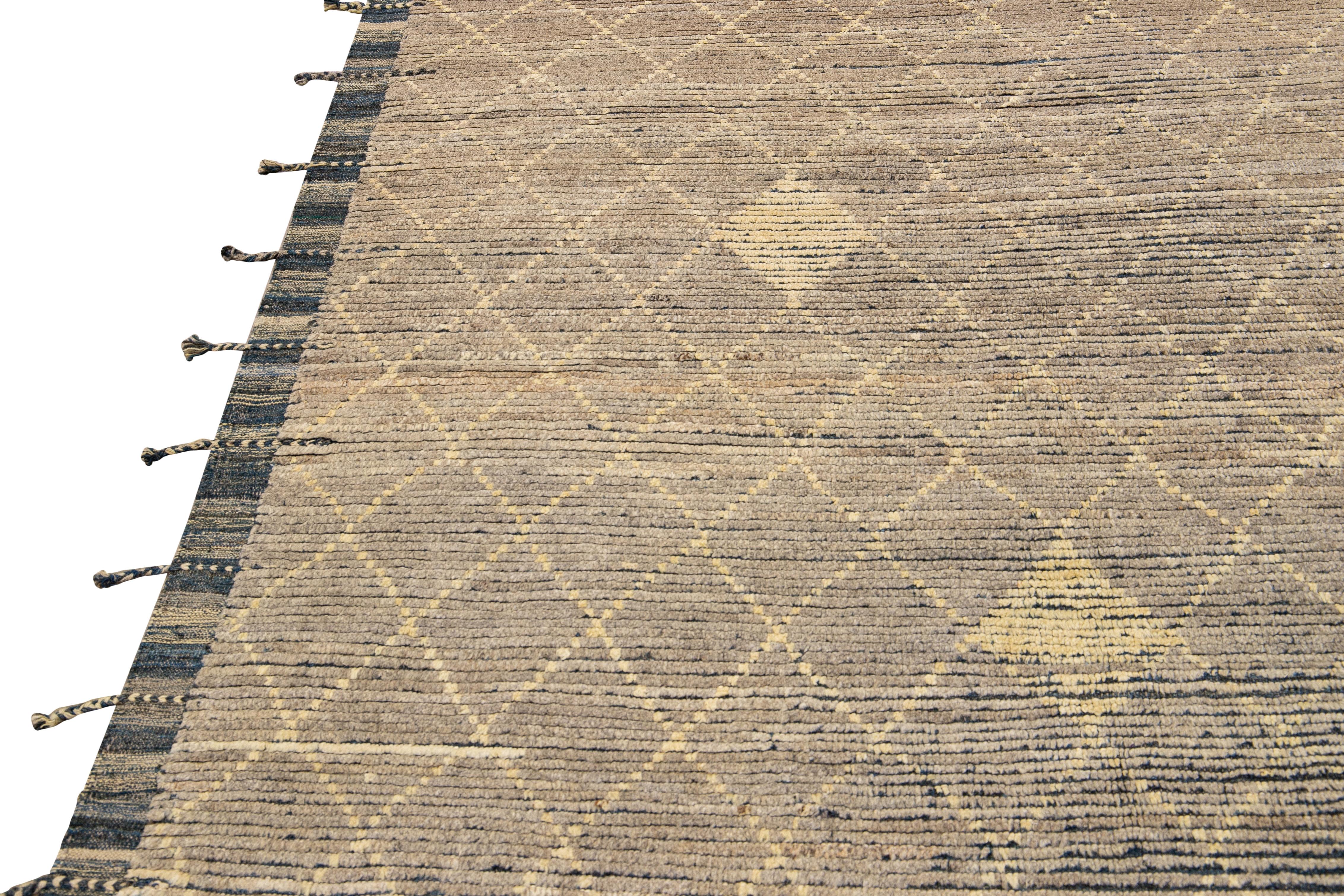 Modern Brown Moroccan Style Handmade Diamond Pattern Oversize Wool Rug For Sale 2