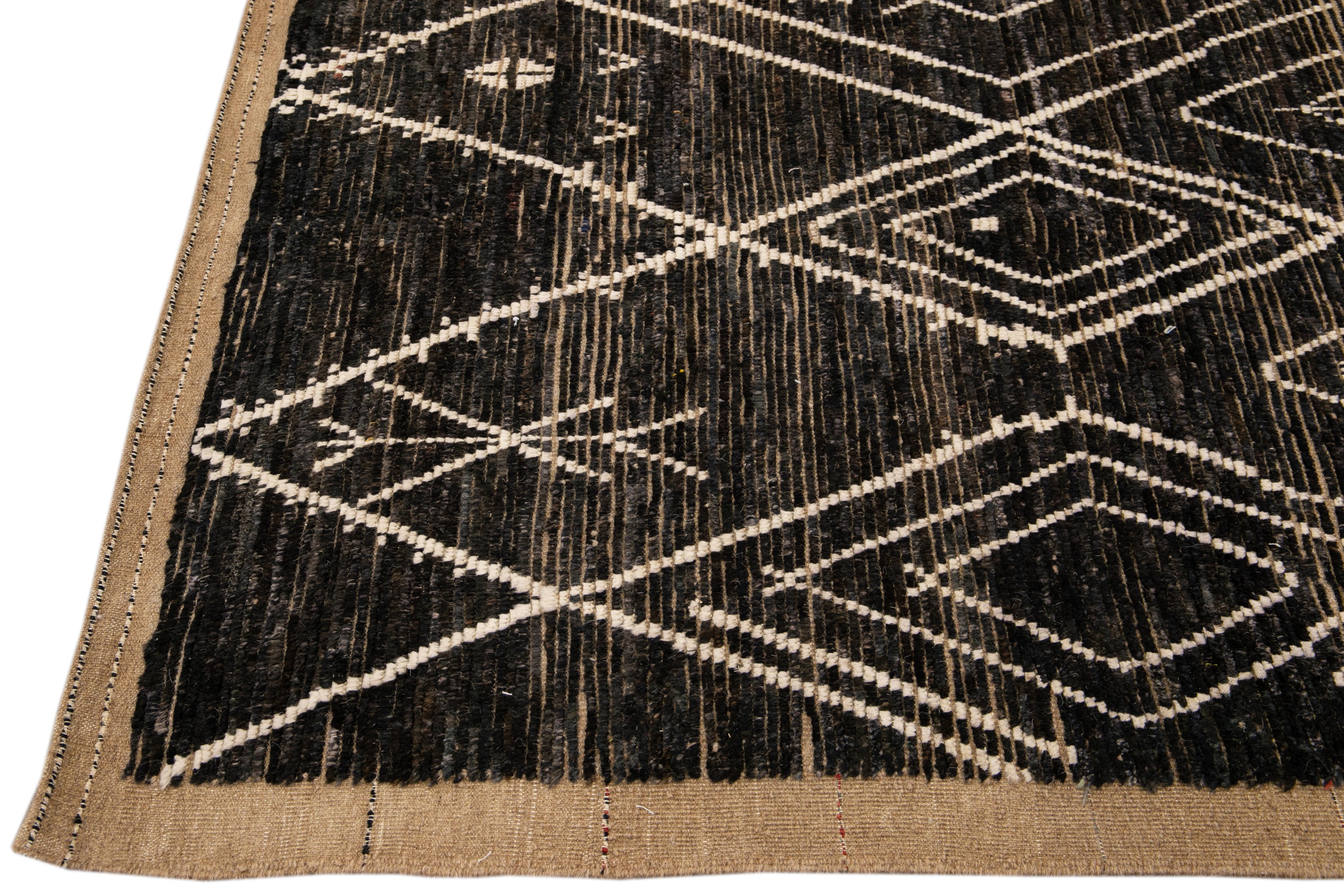 Pakistani Modern Brown Moroccan Style Handmade Geometric Boho Wool Rug For Sale