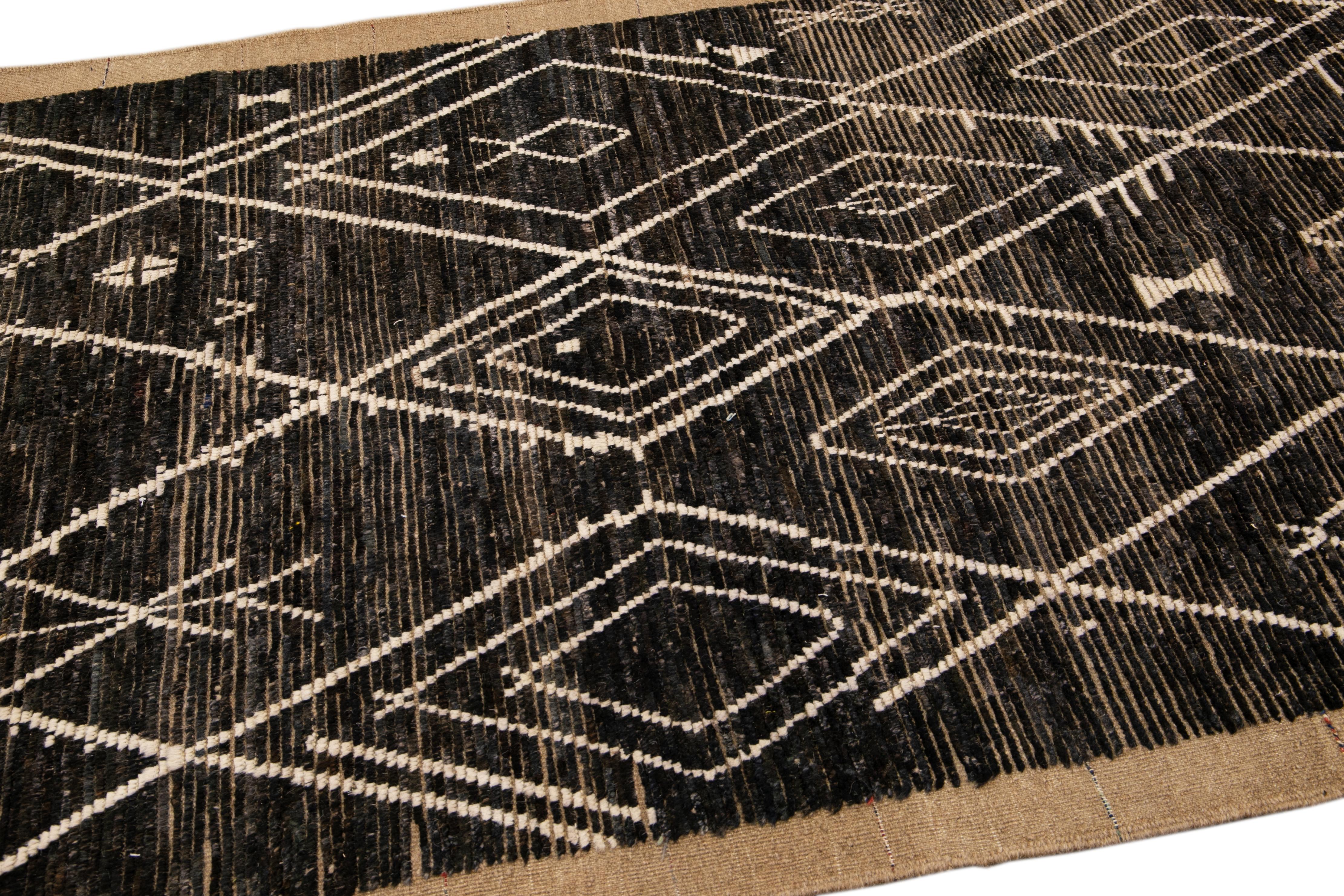 Hand-Knotted Modern Brown Moroccan Style Handmade Geometric Boho Wool Rug For Sale