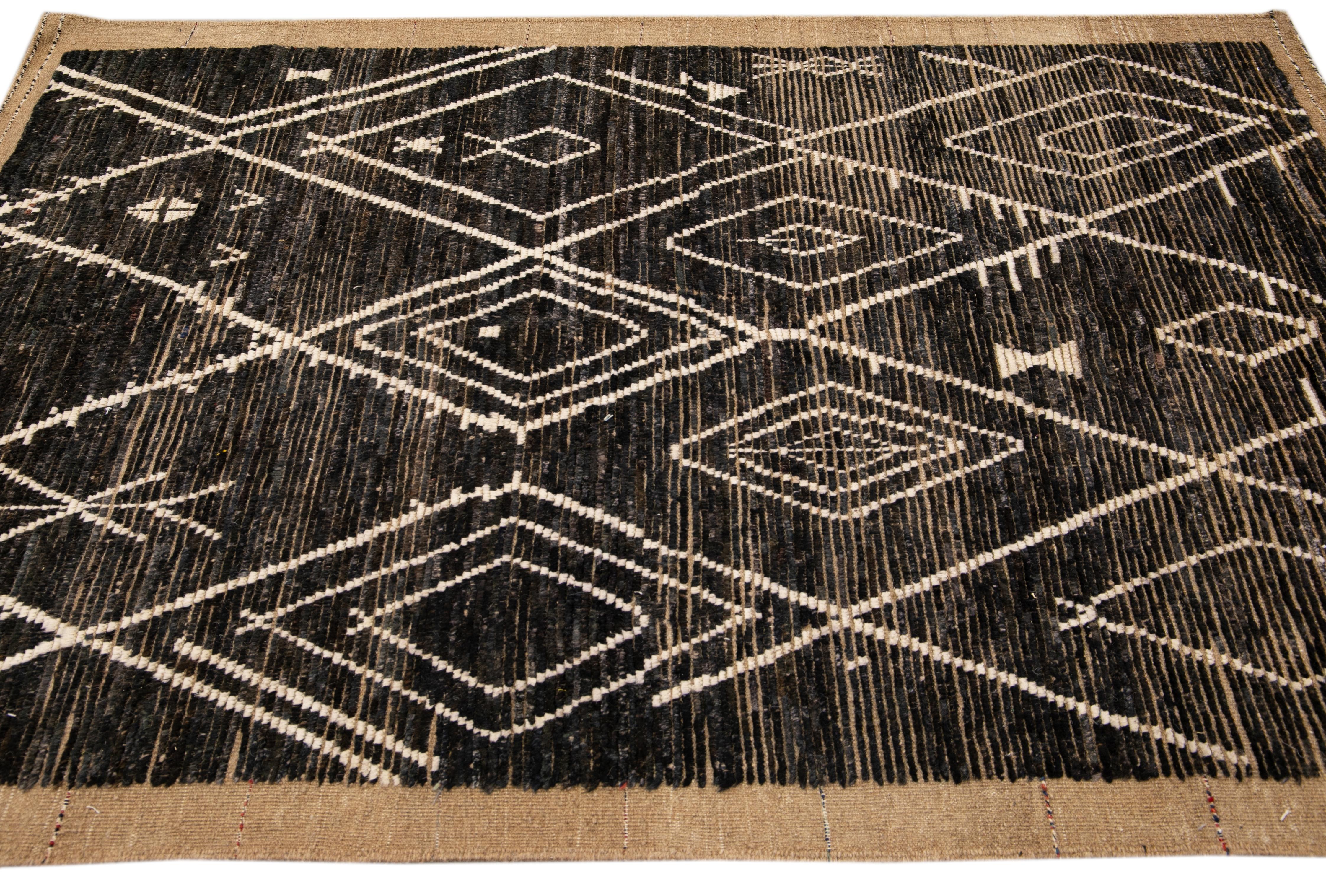 Modern Brown Moroccan Style Handmade Geometric Boho Wool Rug In New Condition For Sale In Norwalk, CT