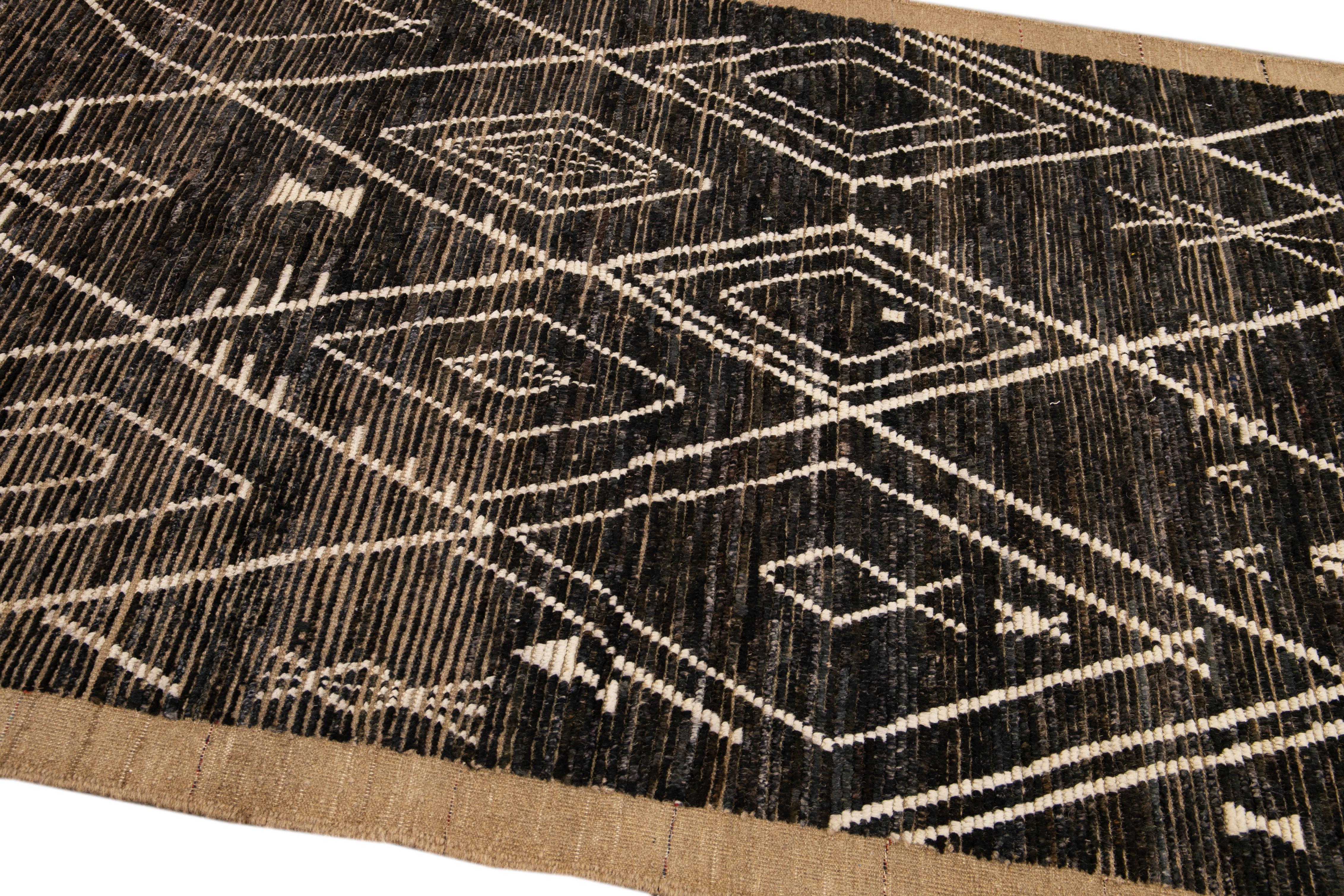Contemporary Modern Brown Moroccan Style Handmade Geometric Boho Wool Rug For Sale